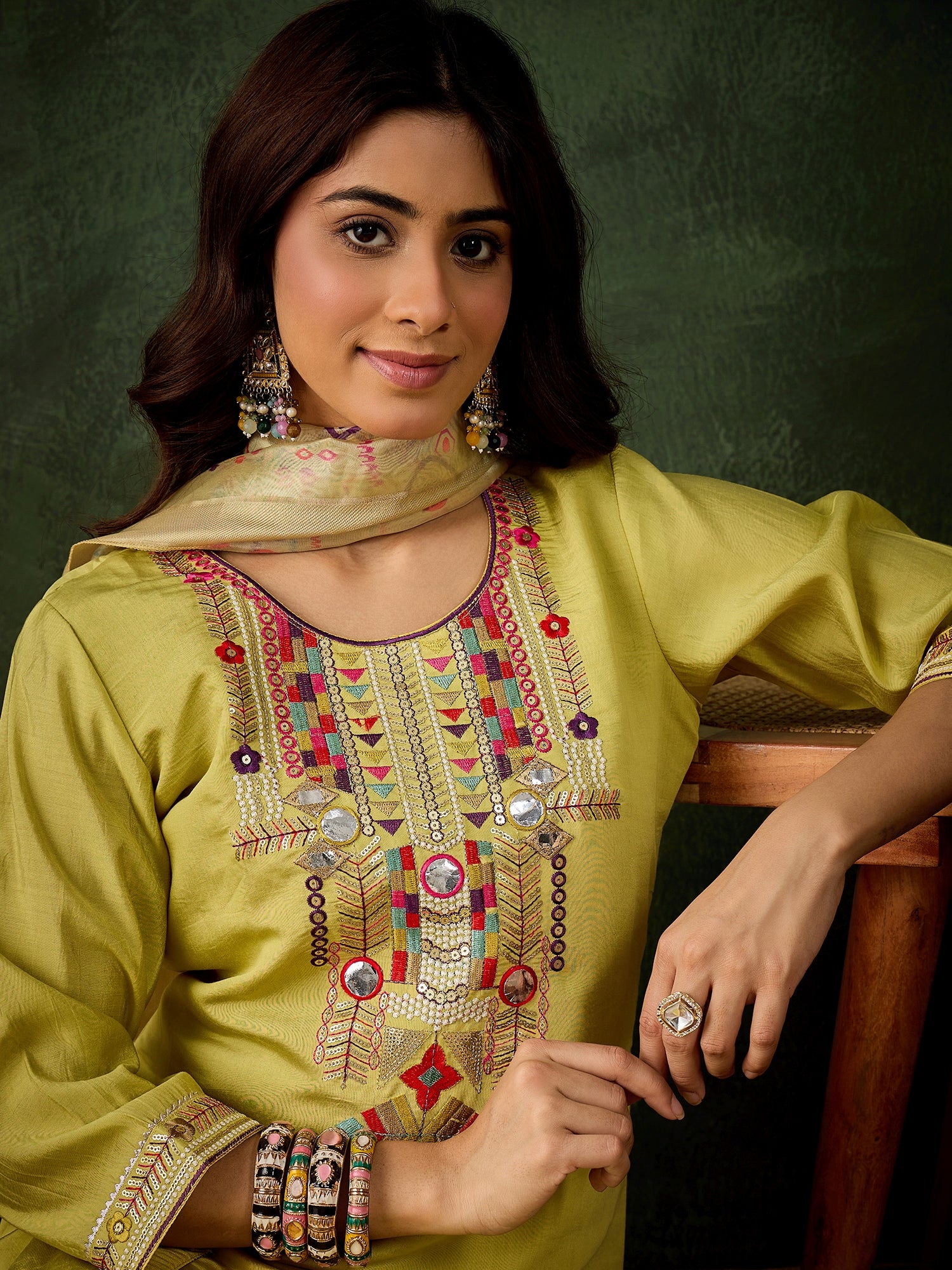 Pushti Women's Embroidered Yellow Silk Blend Straight Suit Set with Dupatta