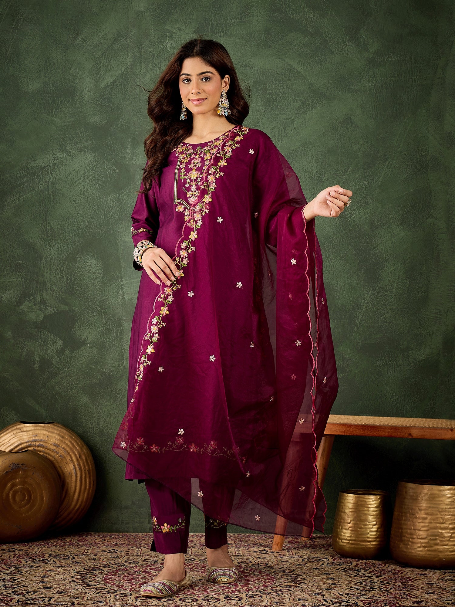 Chaitaly  Purple Women Floral Embroidered Regular Kurta with Trousers & Dupatta Suits Sets
