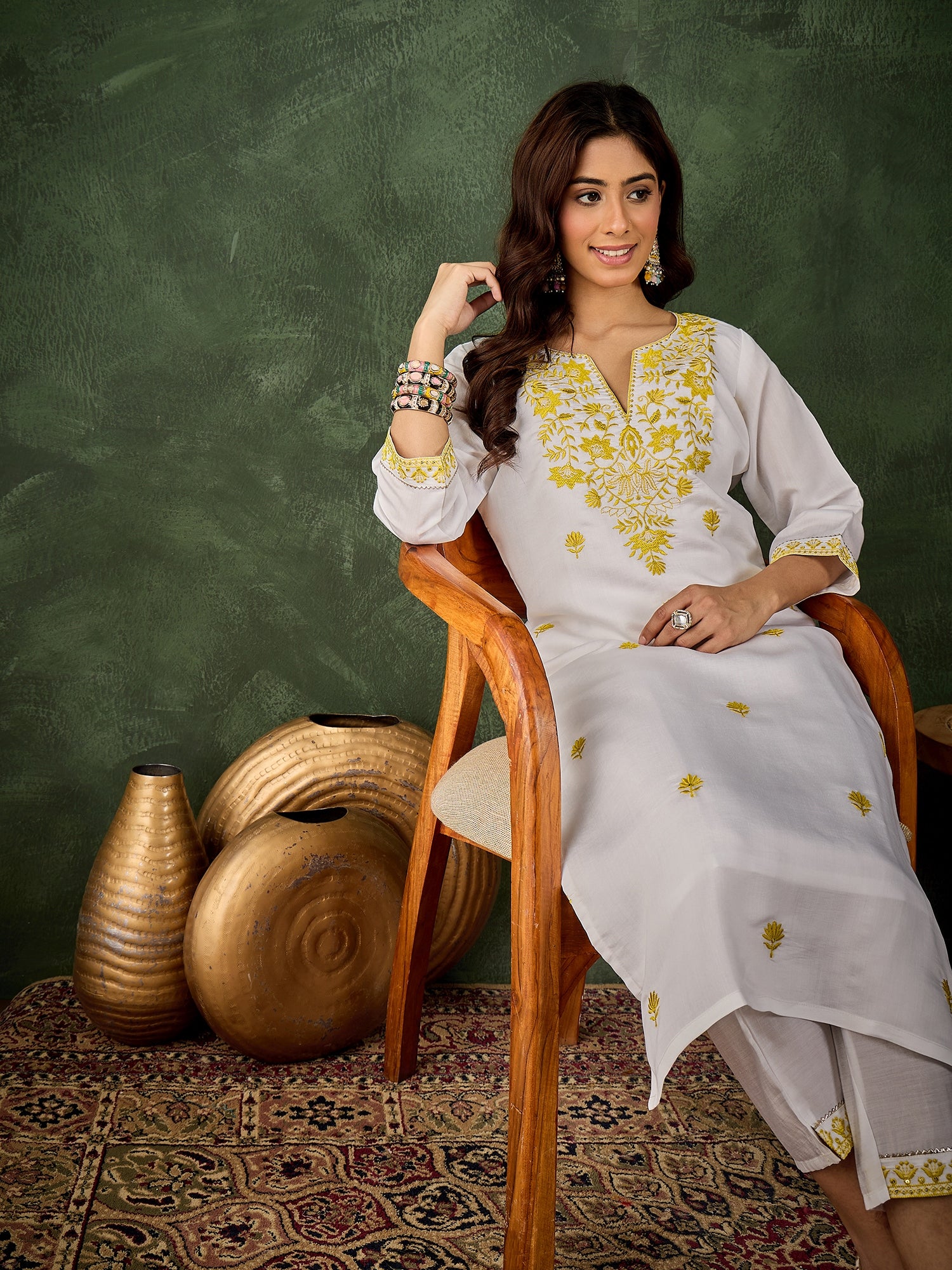 Baani Women's Silk Blend Embroidered Straight Kurta & Pant Set