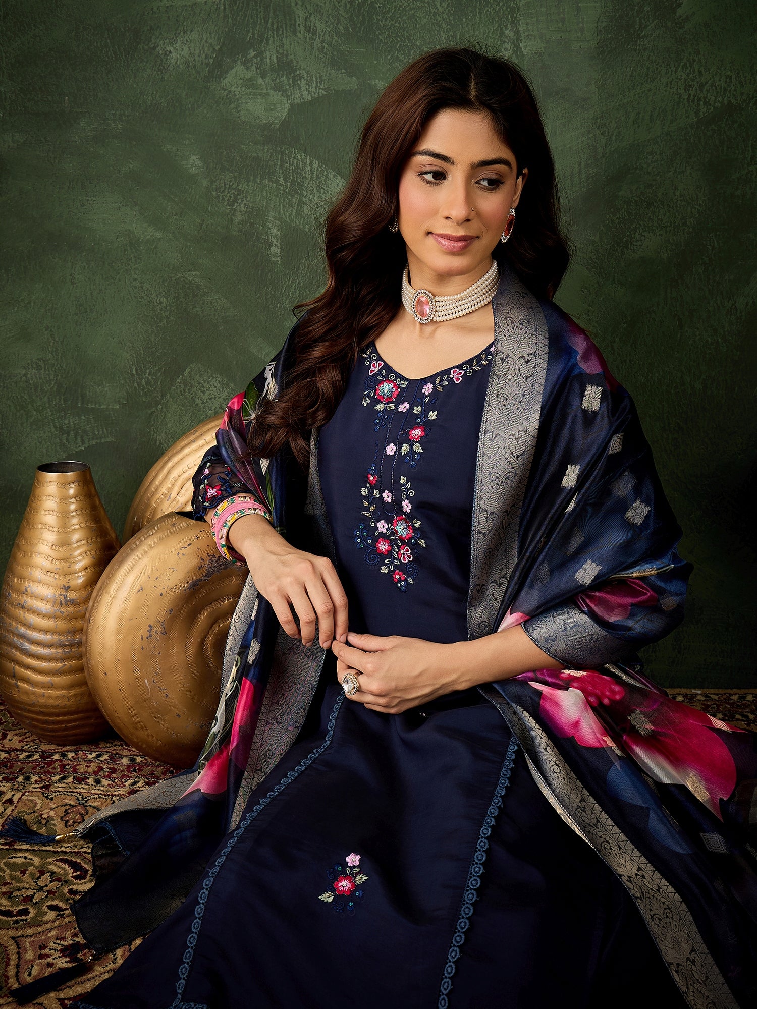 Devanshi Viscose Roman Silk Calf Length Kurta Set Dupatta