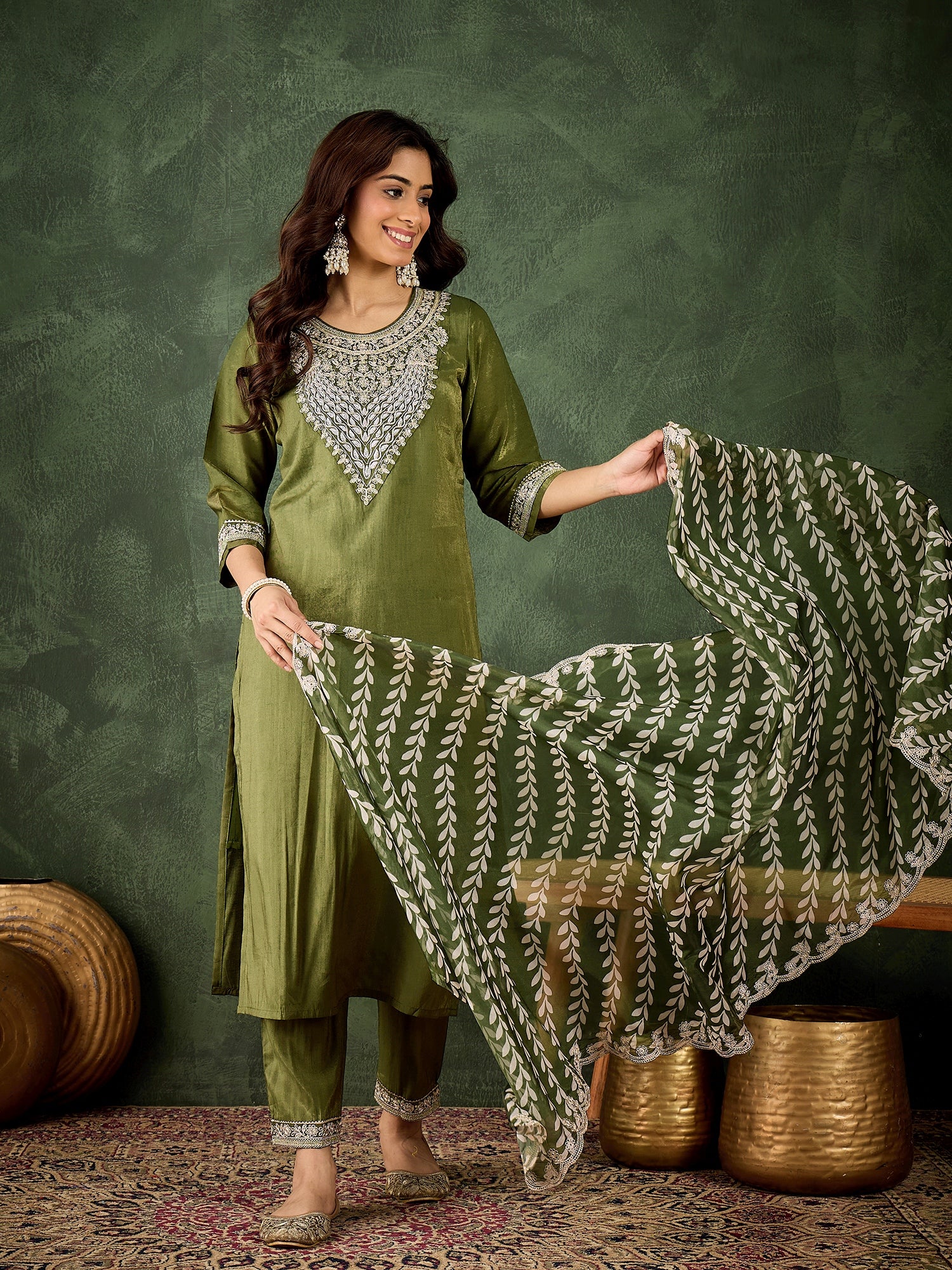 Vastrika Women's Embroidered Silk Blend Calf Length Straight Kurta Trouser with Dupatta Set