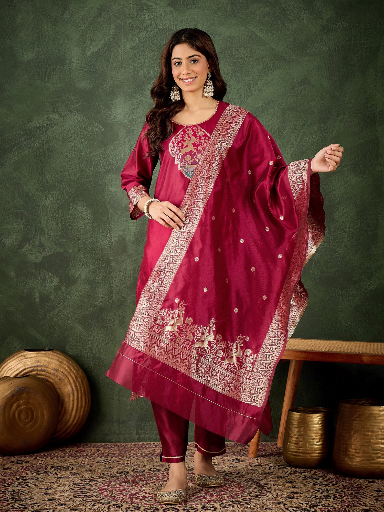 Roop Women's Silk Blend Banarasi Jacquard Zari Woven Straight Kurta Pant with Dupatta Set