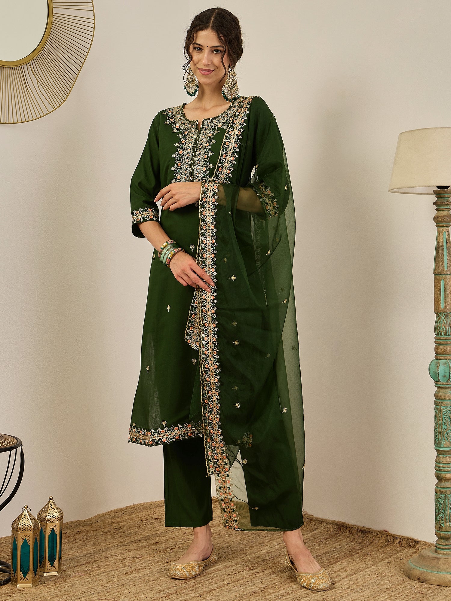 Varnita Women's Embroidered Silk Blend Calf Length Straight Kurta Trouser with Dupatta Set