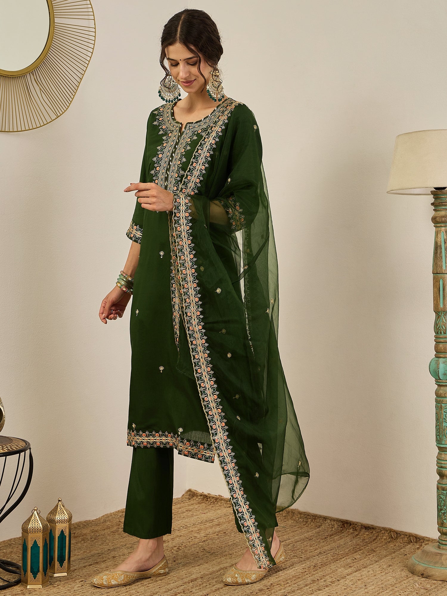 Varnita Women's Embroidered Silk Blend Calf Length Straight Kurta Trouser with Dupatta Set