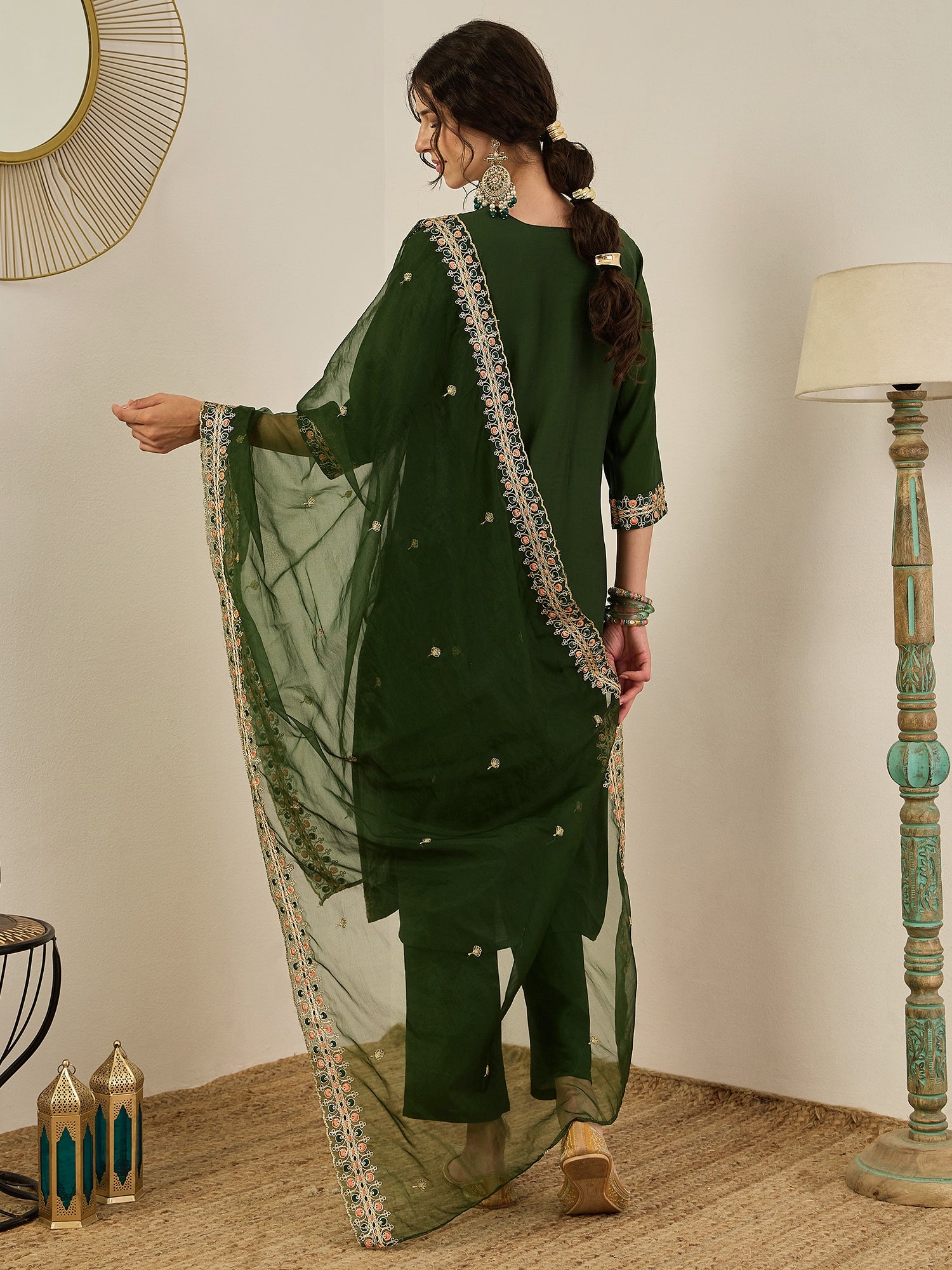 Varnita Women's Embroidered Silk Blend Calf Length Straight Kurta Trouser with Dupatta Set