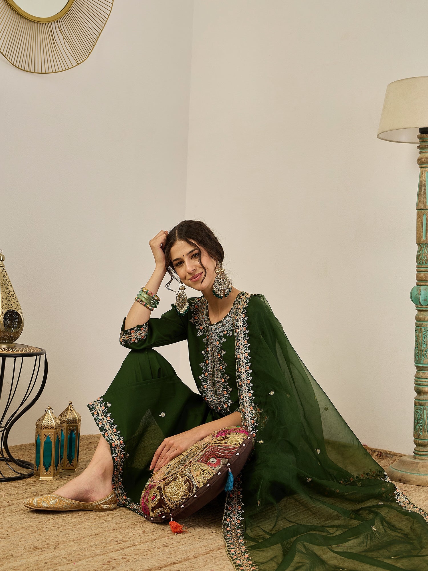 Varnita Women's Embroidered Silk Blend Calf Length Straight Kurta Trouser with Dupatta Set