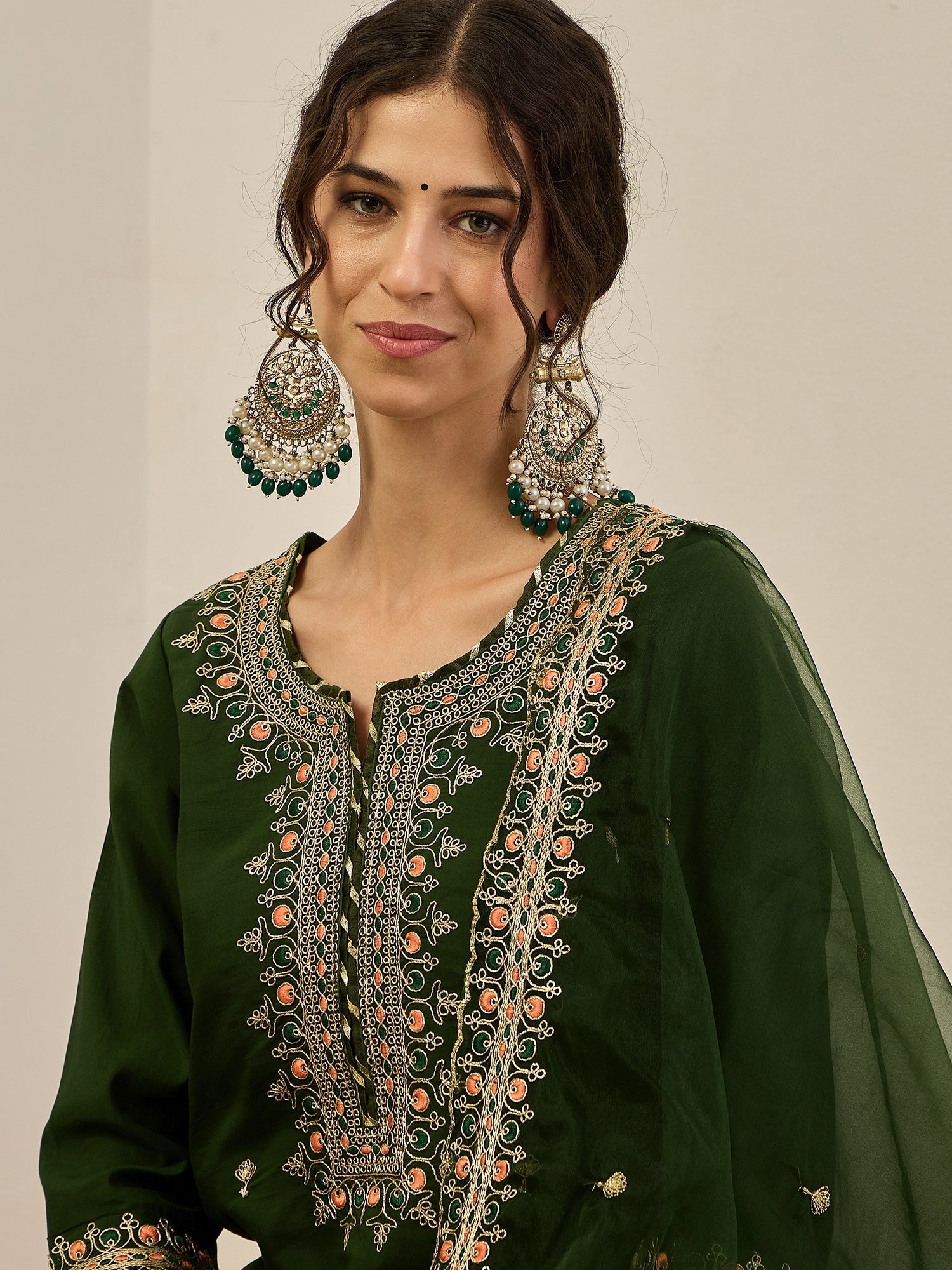 Varnita Women's Embroidered Silk Blend Calf Length Straight Kurta Trouser with Dupatta Set