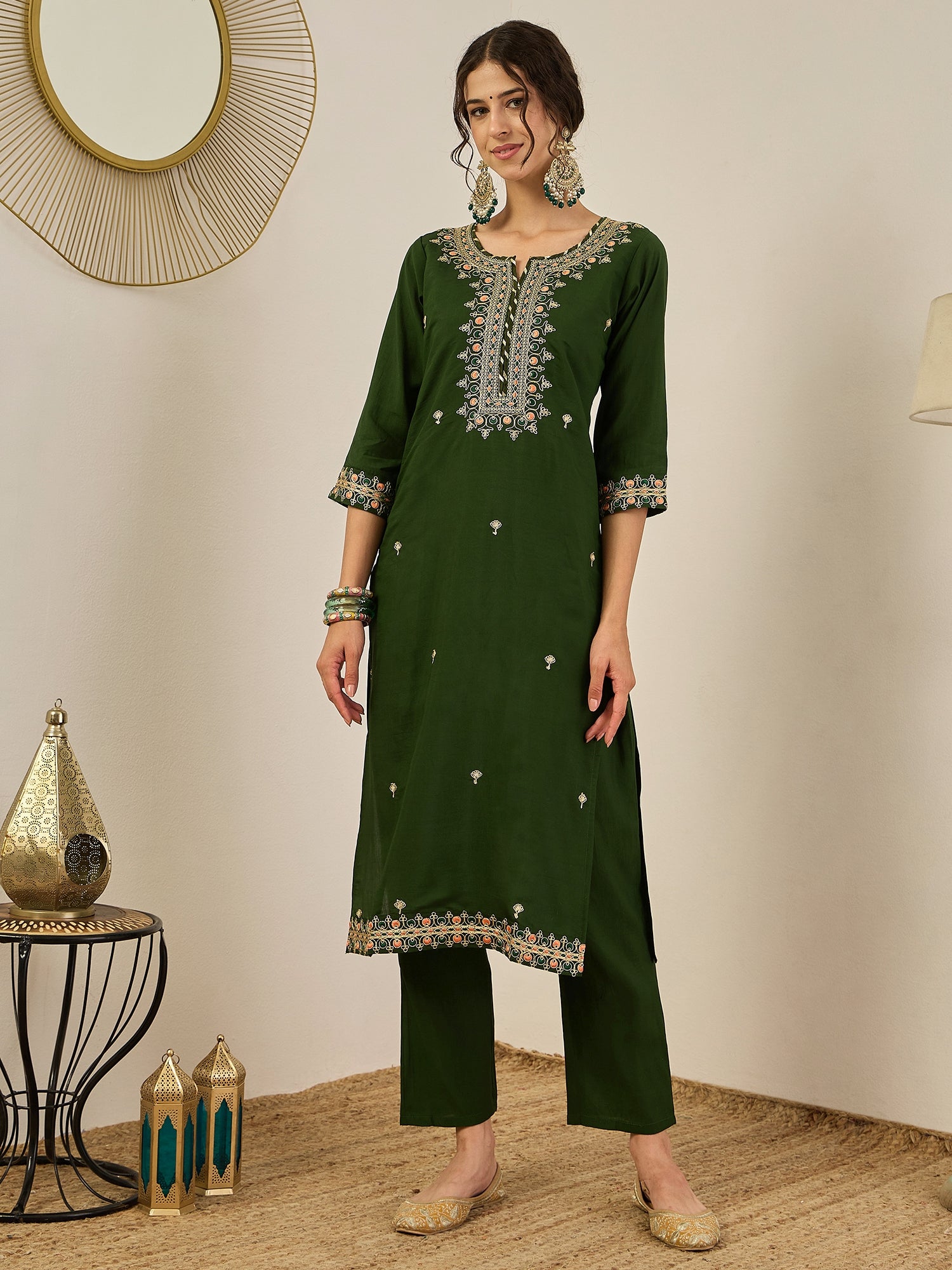 Varnita Women's Embroidered Silk Blend Calf Length Straight Kurta Trouser with Dupatta Set