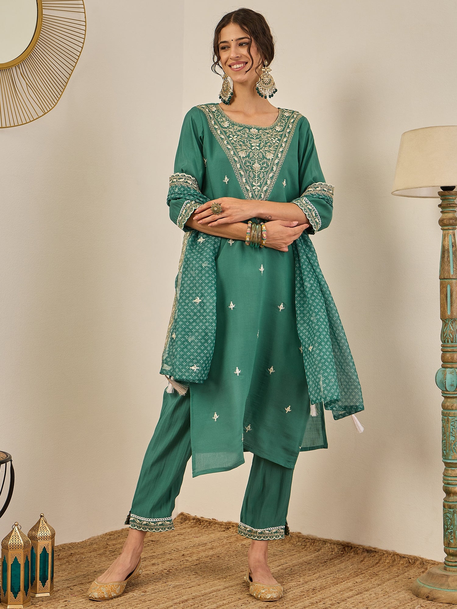 Ojaswi Teal Embroidered Silk Blend Straight Suit With Dupatta