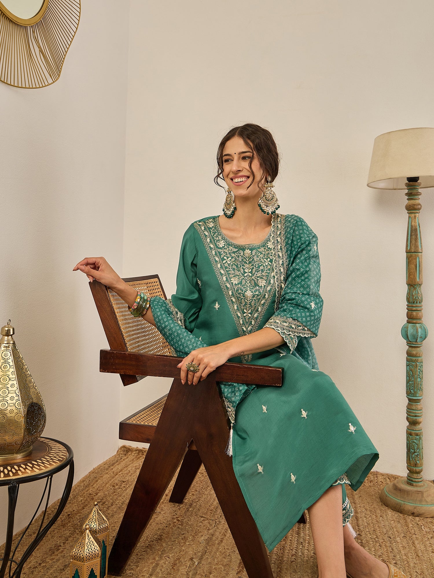 Ojaswi Teal Embroidered Silk Blend Straight Suit With Dupatta