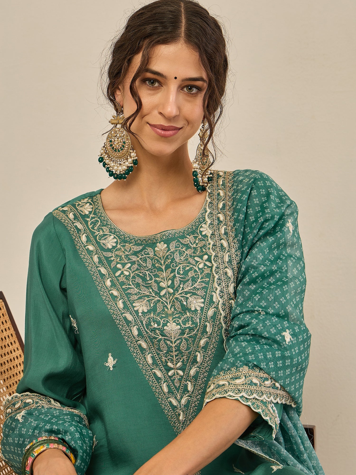 Ojaswi Teal Embroidered Silk Blend Straight Suit With Dupatta