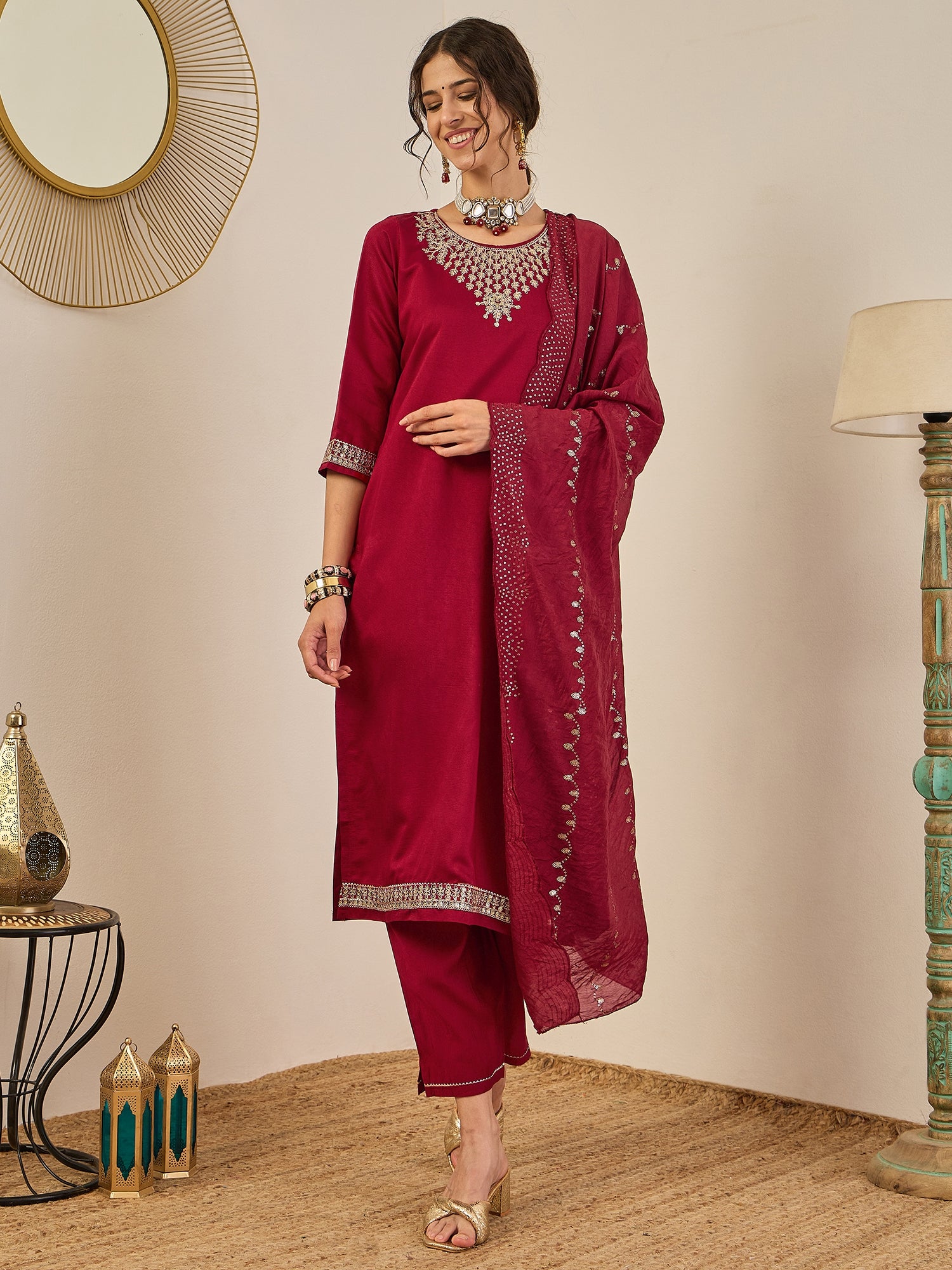 Divyaa Womens Embroidered Viscose Rayon Kurta Pant Set with Chanderi Silk Dupatta Stylish Ethnic Wear