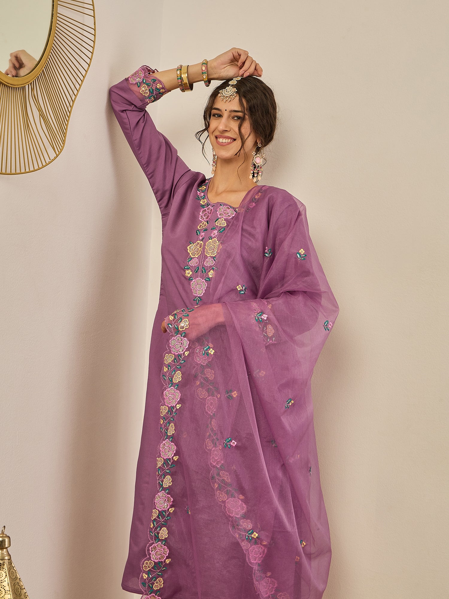 Damini Women's Embroidered Viscose Roman Silk Kurta Pant Set with Organza Dupatta Elegant Lightweight Ethnic Wear