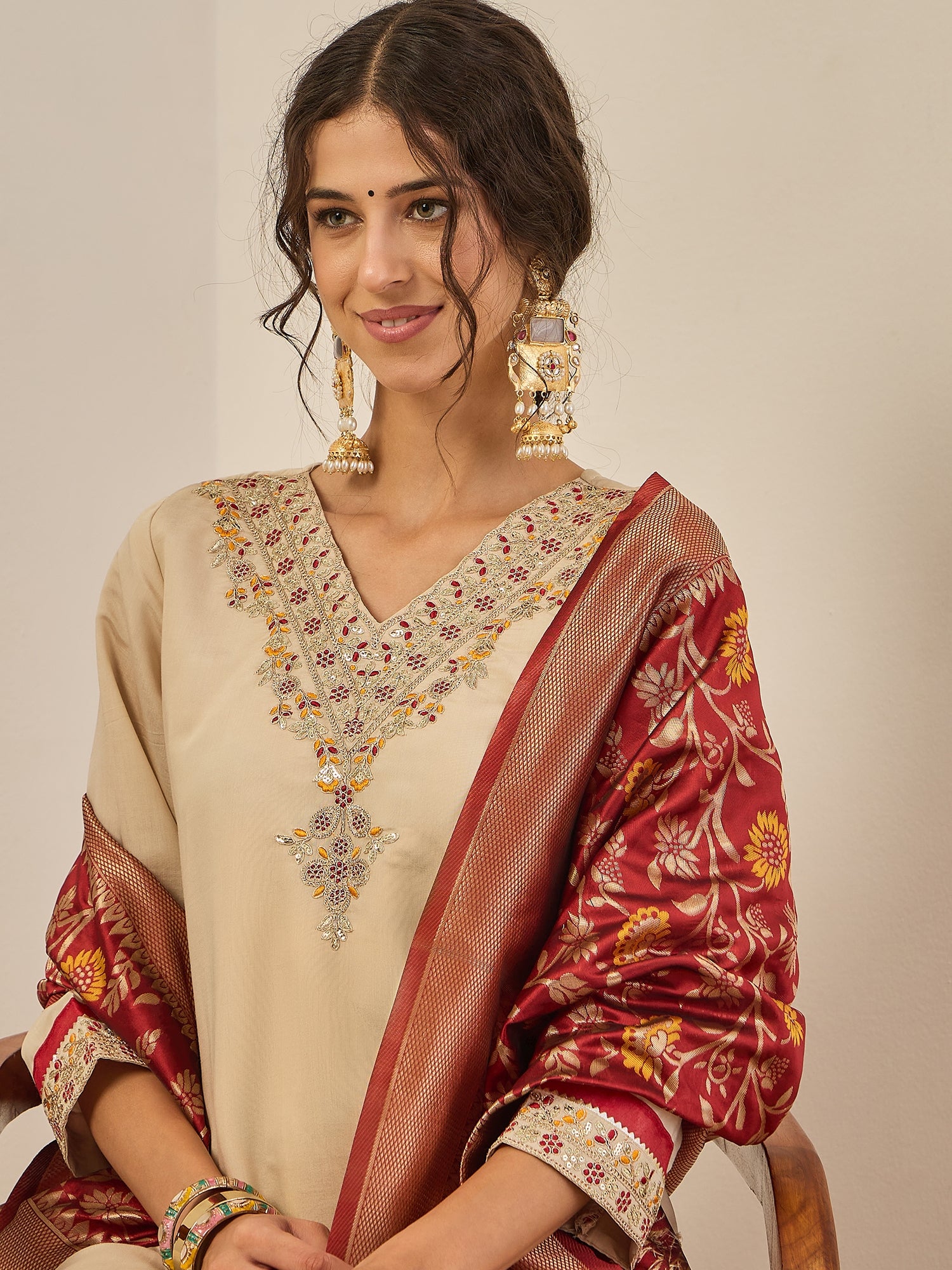 Varnika Women’s Silk Blend Kurta Pant Set with Banarasi Dupatta Embroidered Ethnic Wear for Elegant Look