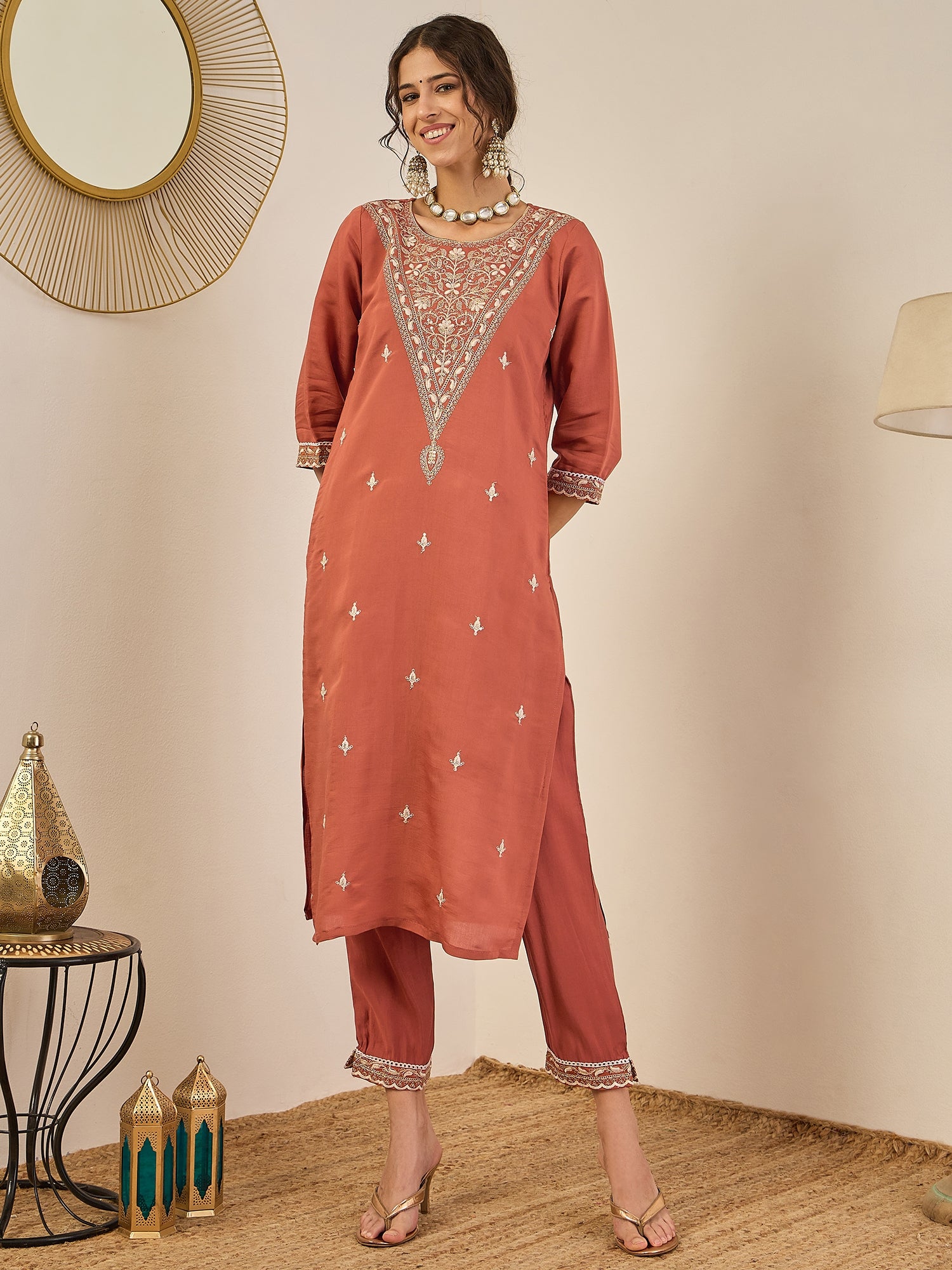 Janvi Peach Embroidered Silk Blend Straight Suit With Dupatta