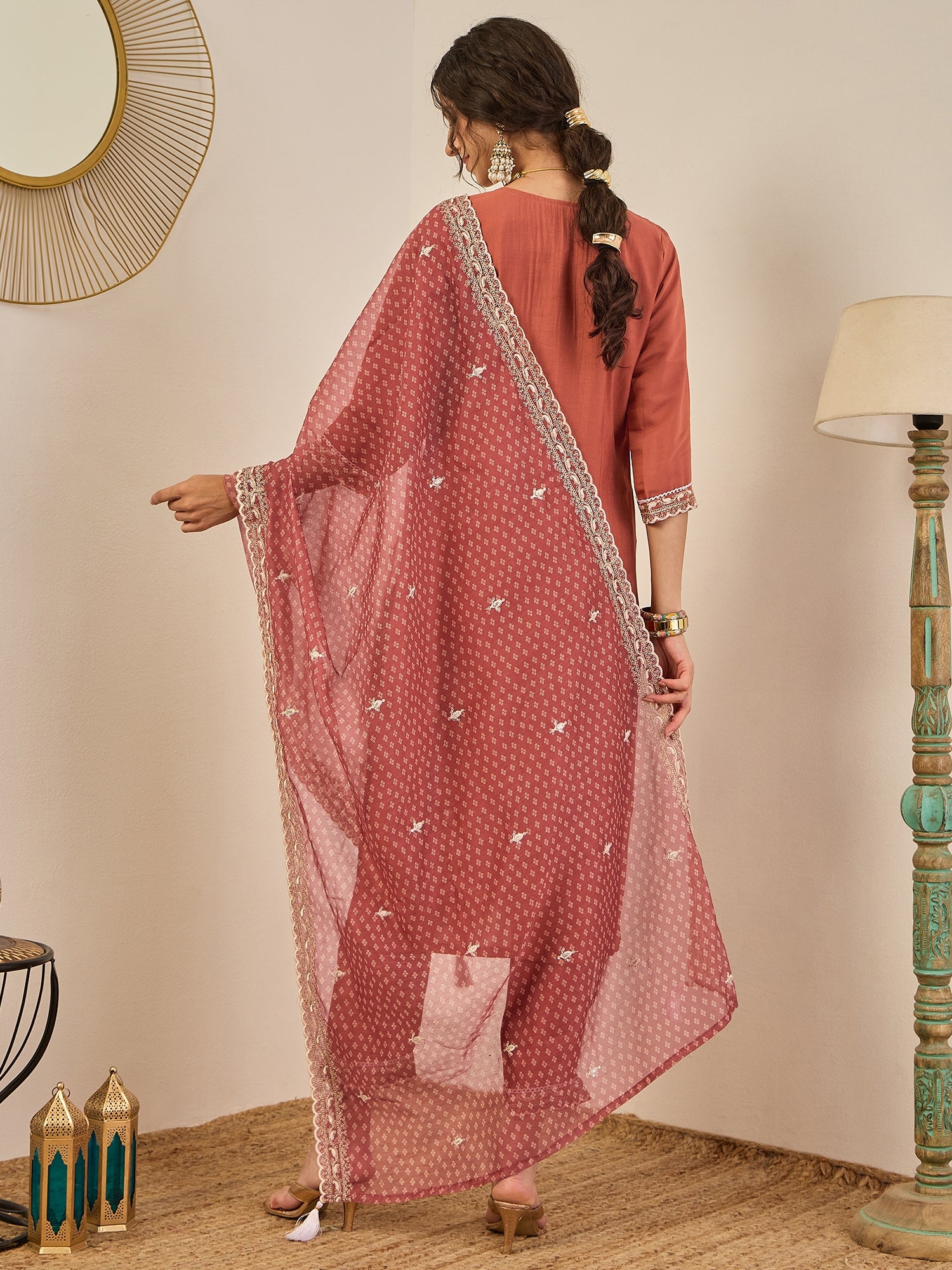 Janvi Peach Embroidered Silk Blend Straight Suit With Dupatta