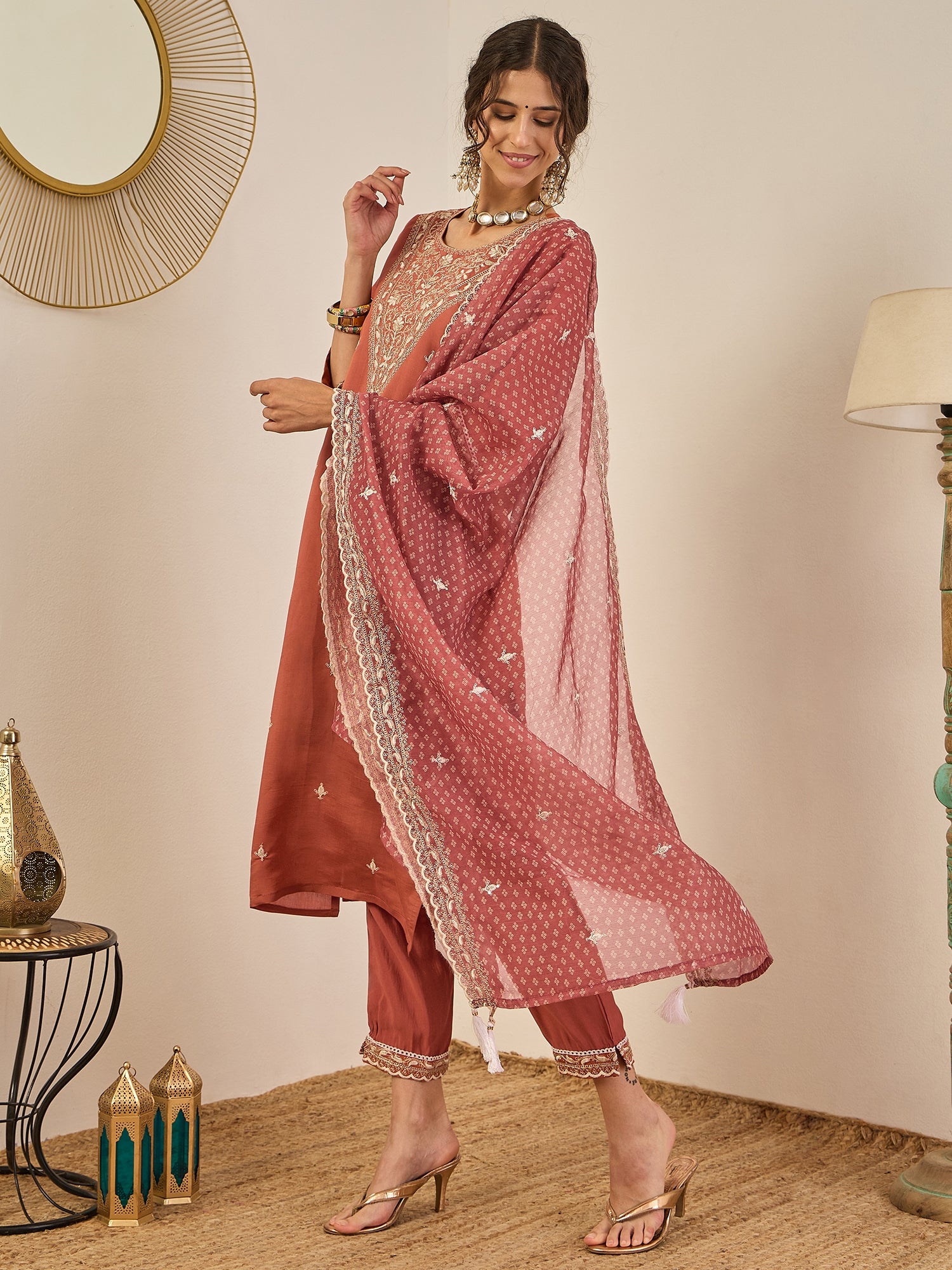 Janvi Peach Embroidered Silk Blend Straight Suit With Dupatta