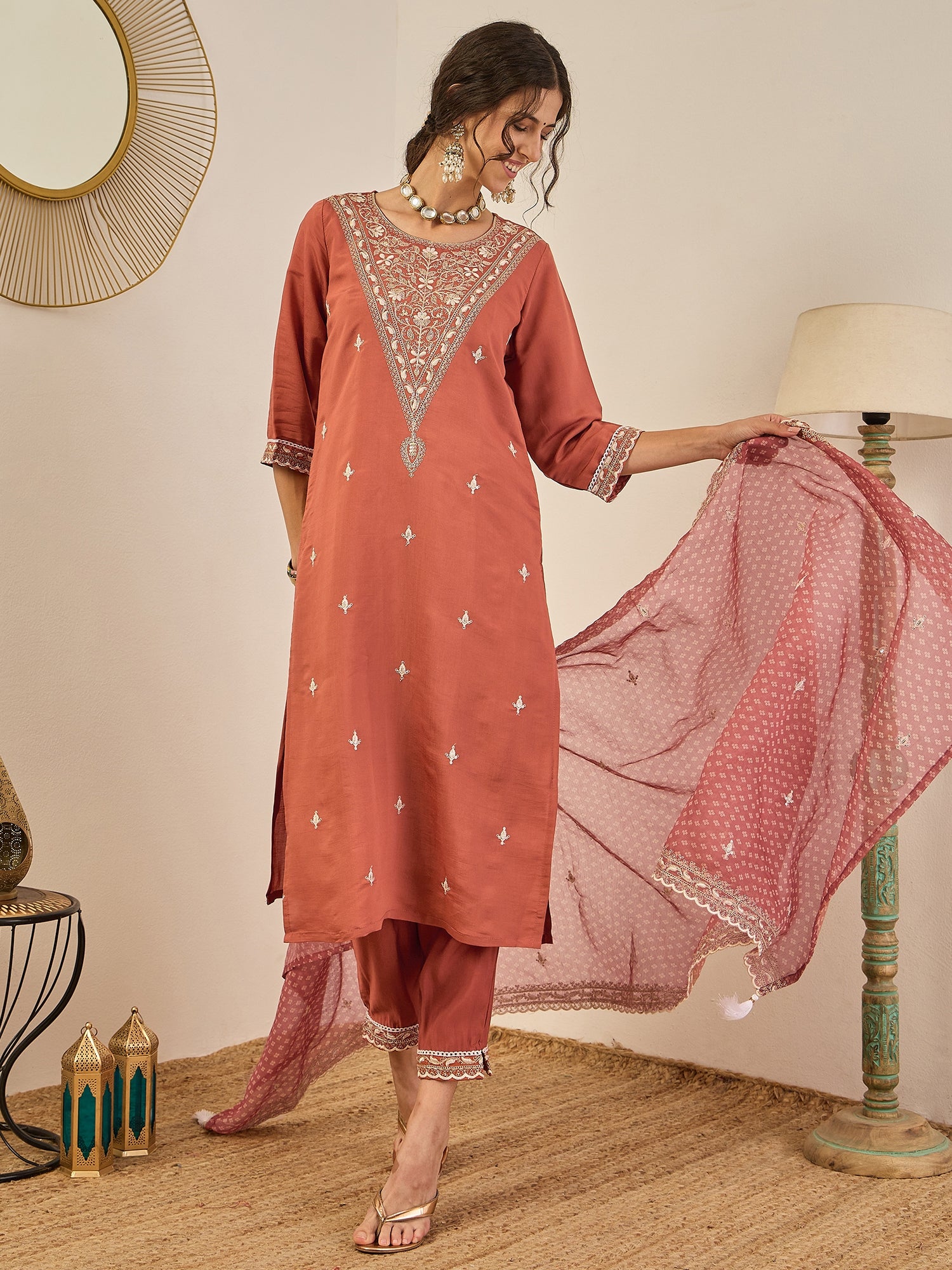 Janvi Peach Embroidered Silk Blend Straight Suit With Dupatta
