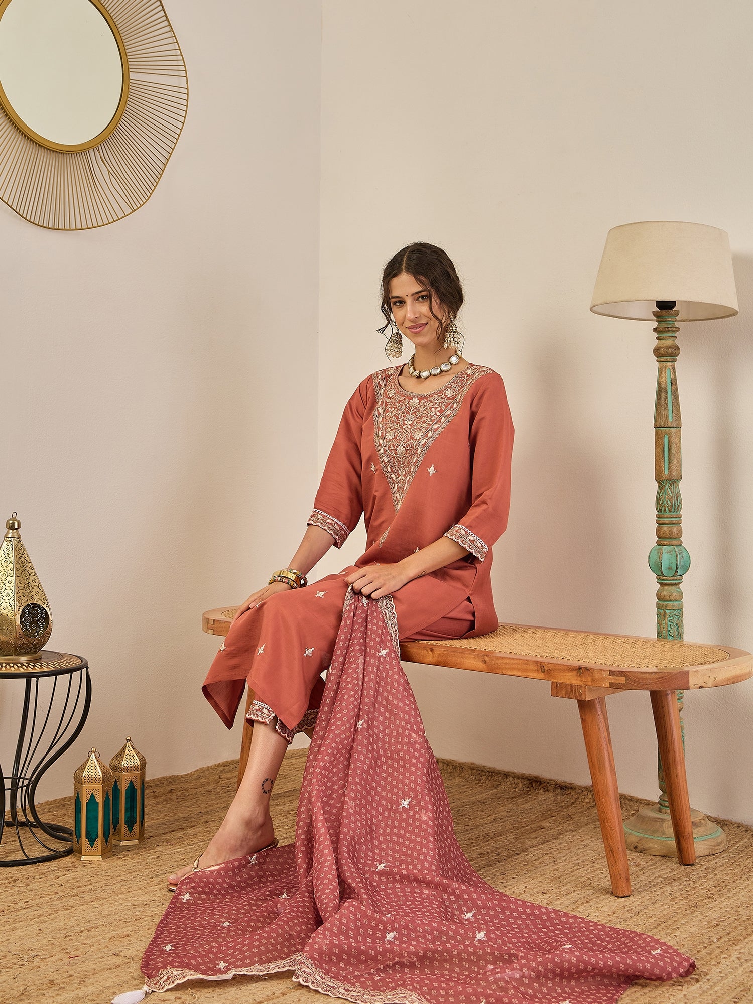 Janvi Peach Embroidered Silk Blend Straight Suit With Dupatta