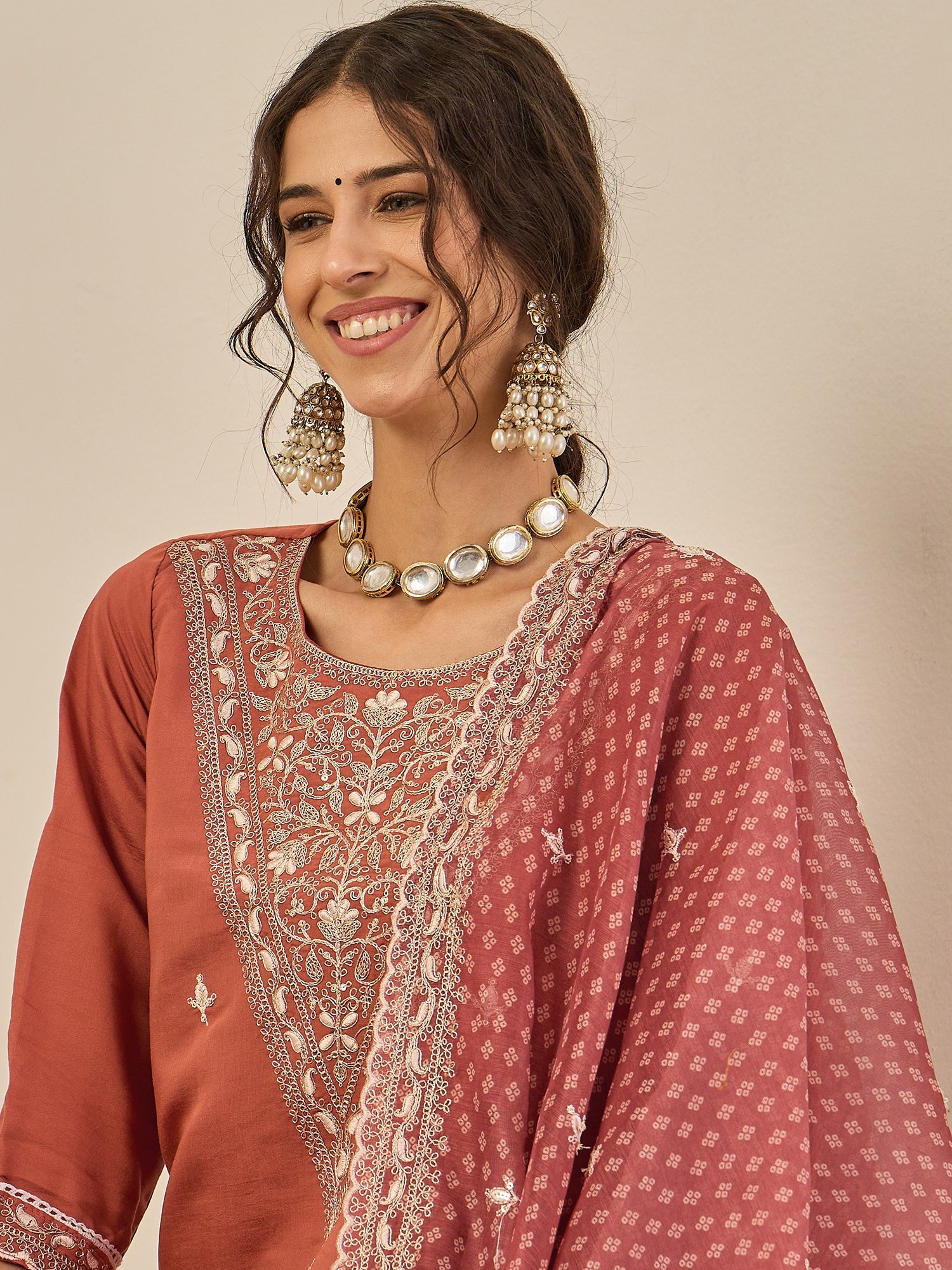 Janvi Peach Embroidered Silk Blend Straight Suit With Dupatta