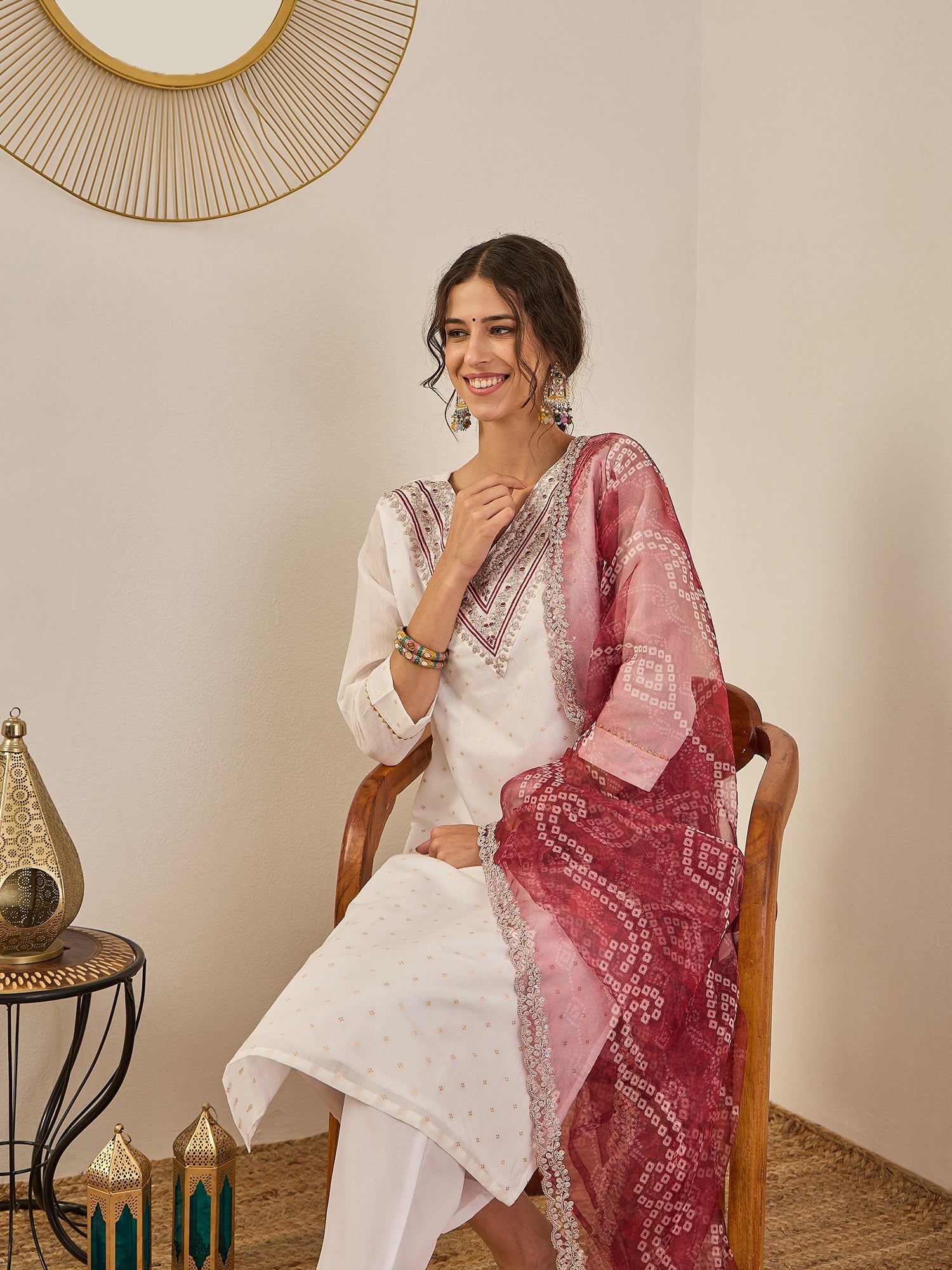 Drashni Womens Chanderi Silk Kurta Pant Set with Embroidered Organza Dupatta Traditional Party Wear