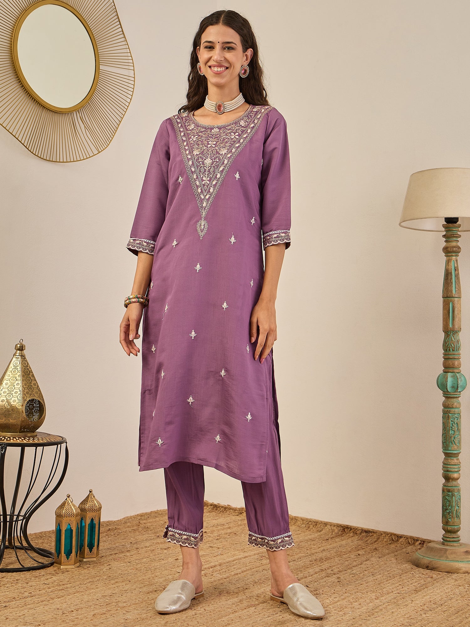 Rahi Mauve Embroidered Silk Blend Straight Suit With Orangza Dupatta Ready to Wear Ethnic Outfit