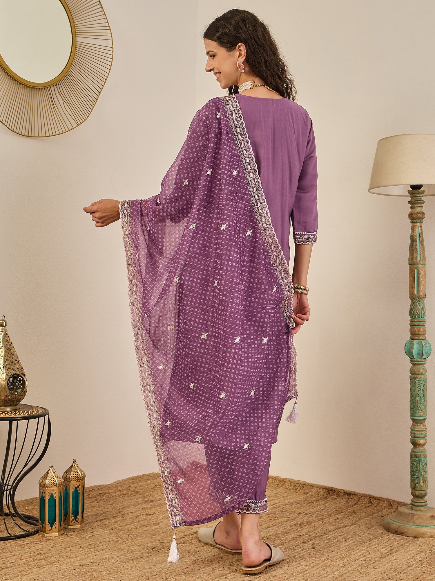 Rahi Mauve Embroidered Silk Blend Straight Suit With Orangza Dupatta Ready to Wear Ethnic Outfit