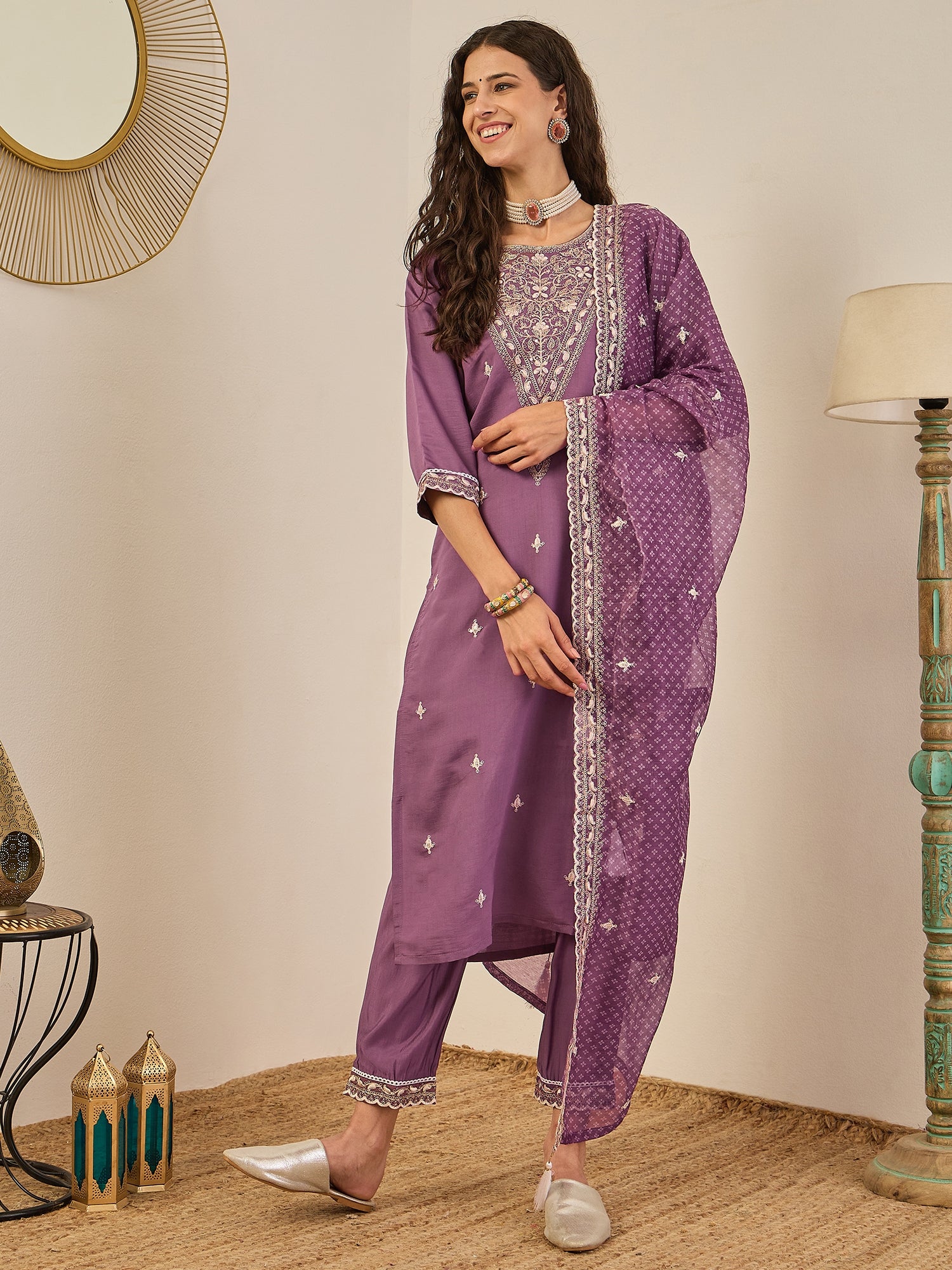 Rahi Mauve Embroidered Silk Blend Straight Suit With Orangza Dupatta Ready to Wear Ethnic Outfit