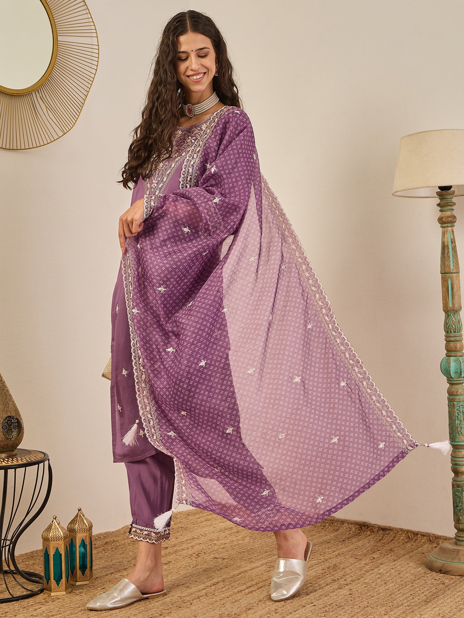 Rahi Mauve Embroidered Silk Blend Straight Suit With Orangza Dupatta Ready to Wear Ethnic Outfit
