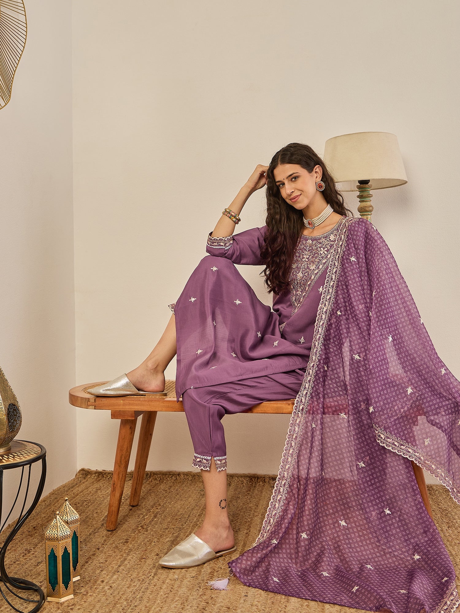 Rahi Mauve Embroidered Silk Blend Straight Suit With Orangza Dupatta Ready to Wear Ethnic Outfit