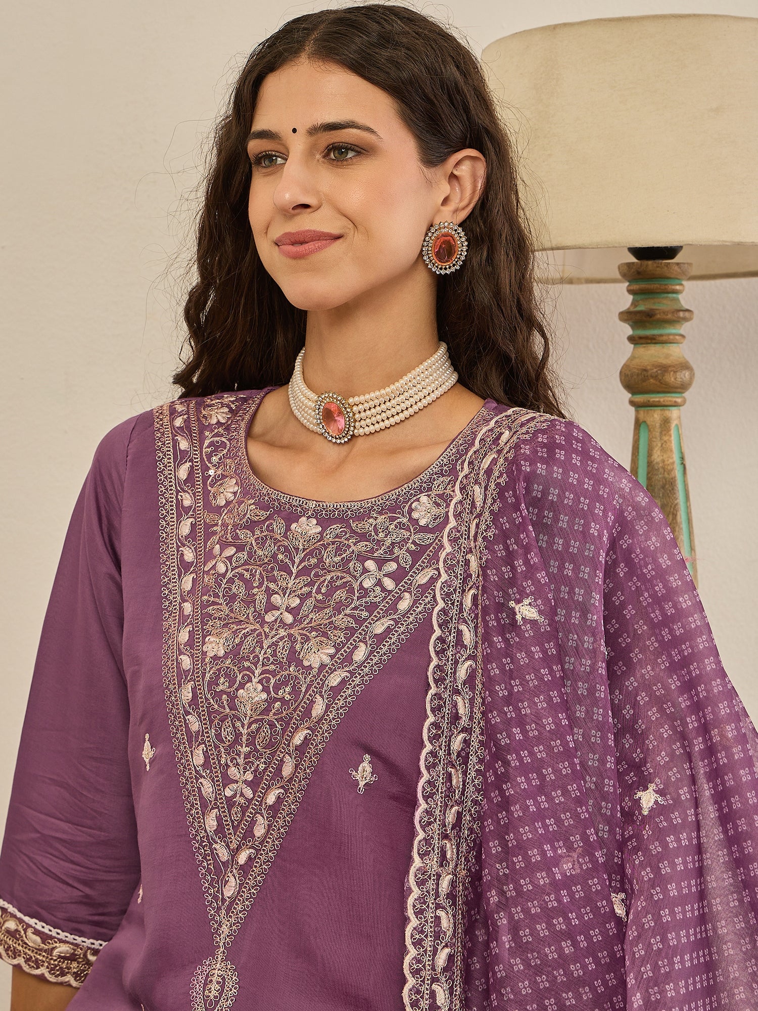 Rahi Mauve Embroidered Silk Blend Straight Suit With Orangza Dupatta Ready to Wear Ethnic Outfit