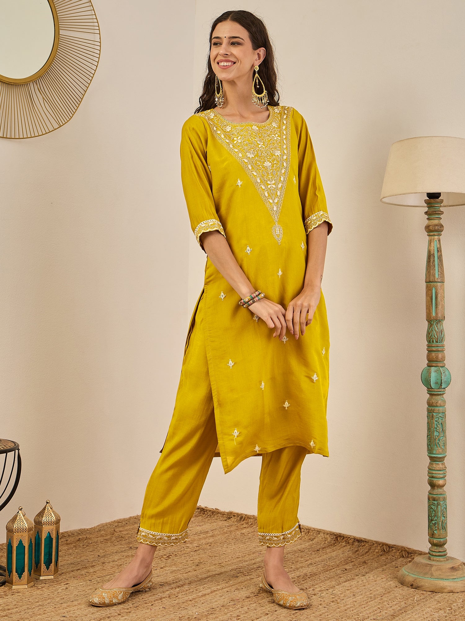 Roobee Lemon Embroidered Silk Blend Straight Suit With Dupatta