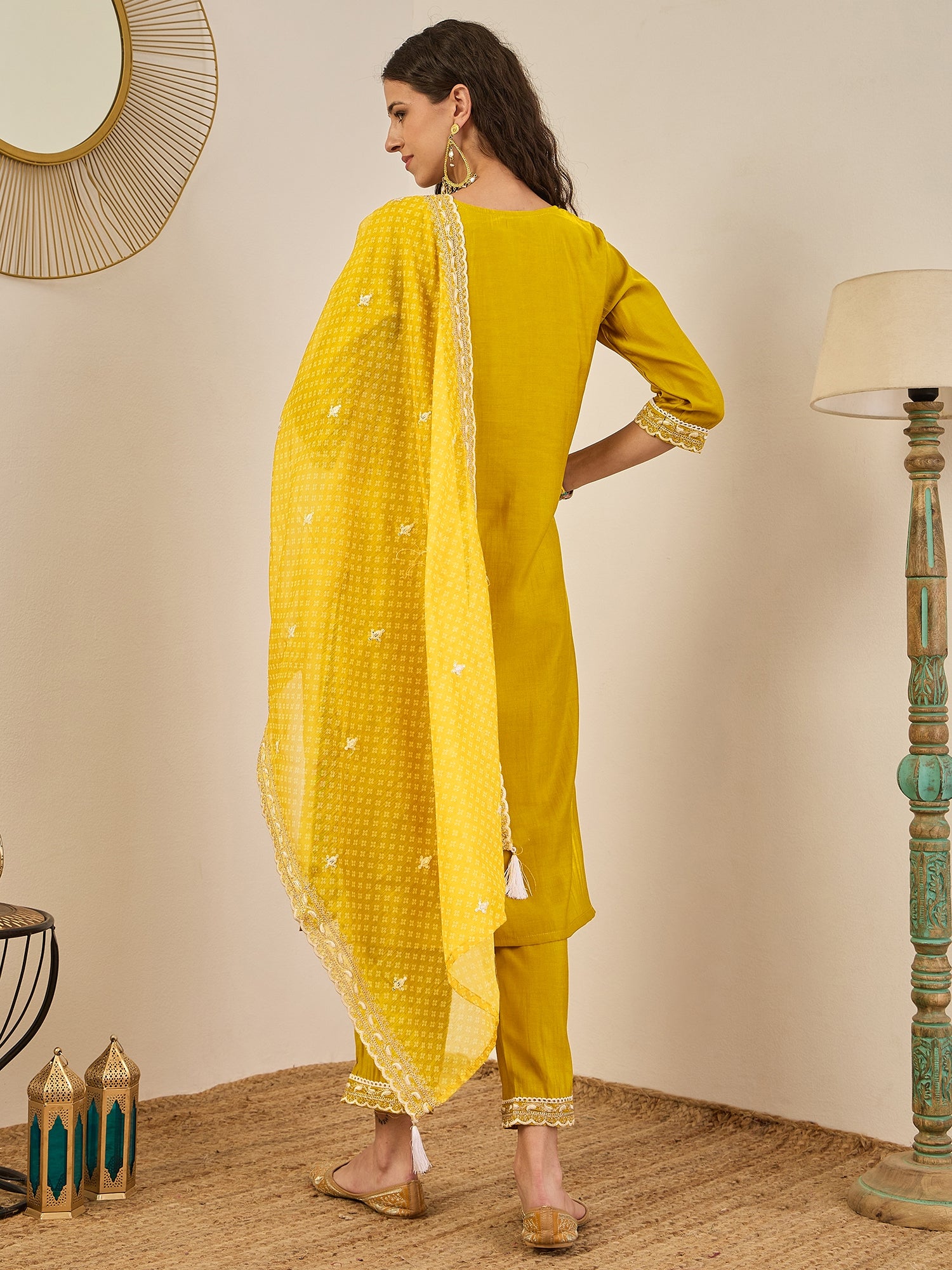 Roobee Lemon Embroidered Silk Blend Straight Suit With Dupatta