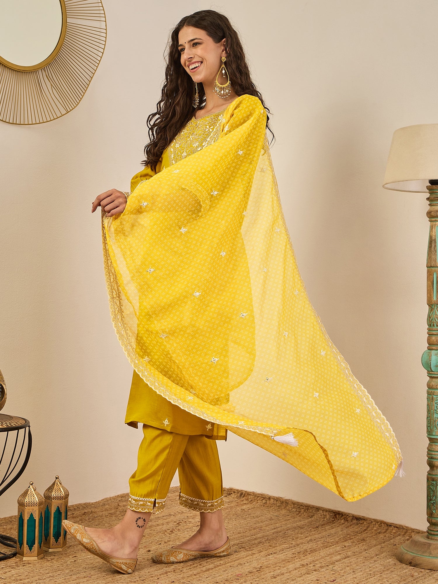 Roobee Lemon Embroidered Silk Blend Straight Suit With Dupatta