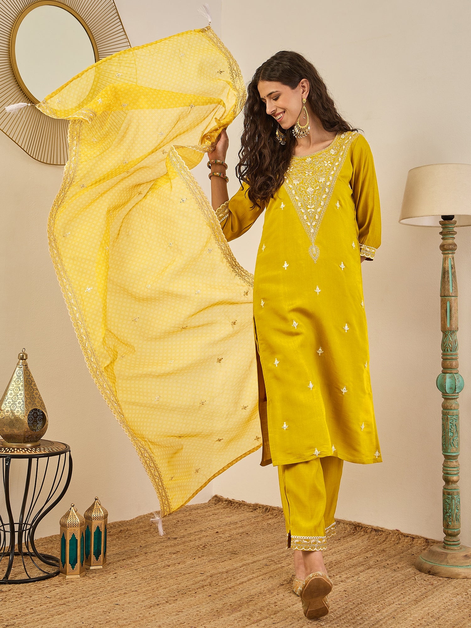 Roobee Lemon Embroidered Silk Blend Straight Suit With Dupatta