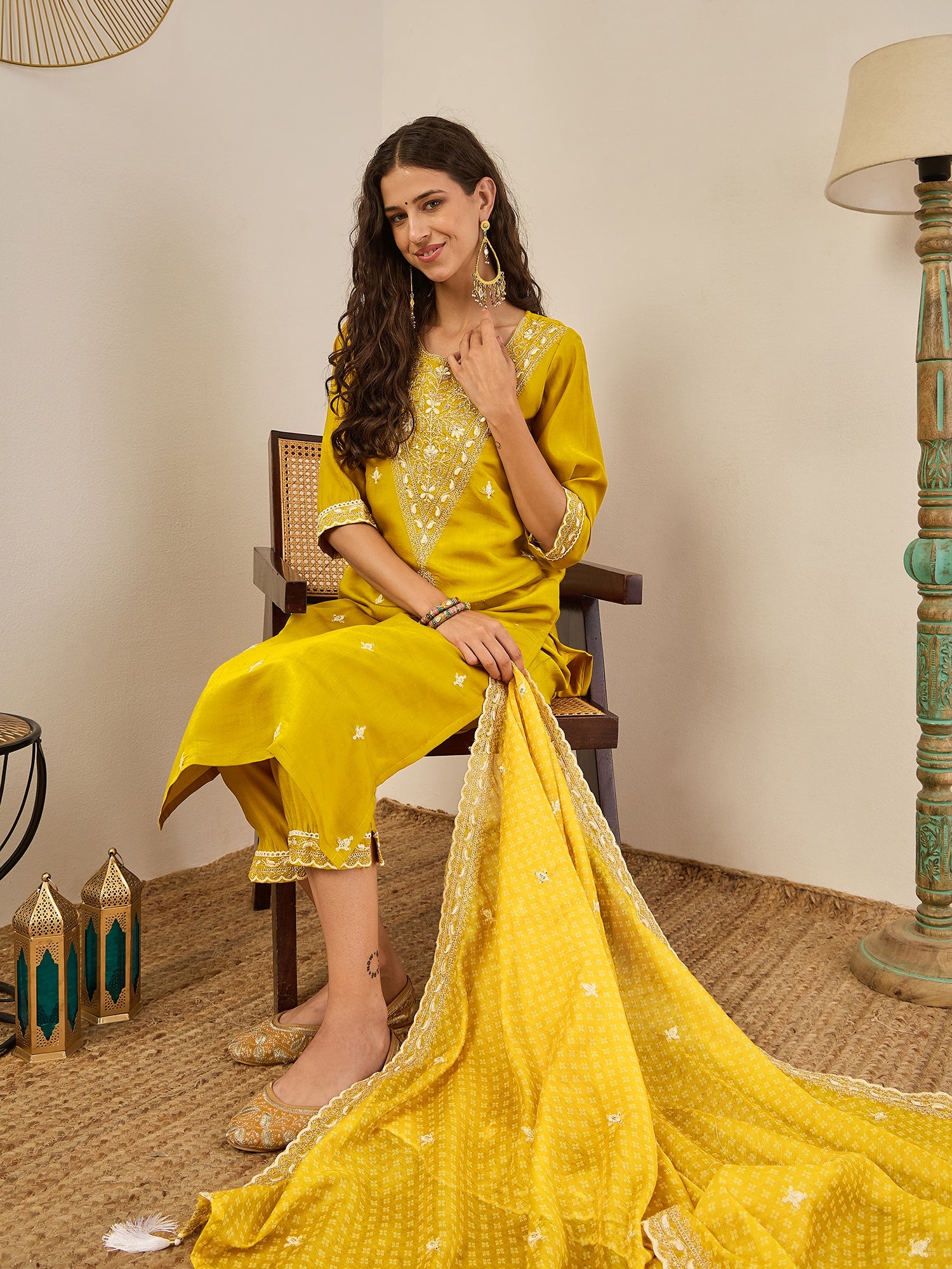 Roobee Lemon Embroidered Silk Blend Straight Suit With Dupatta