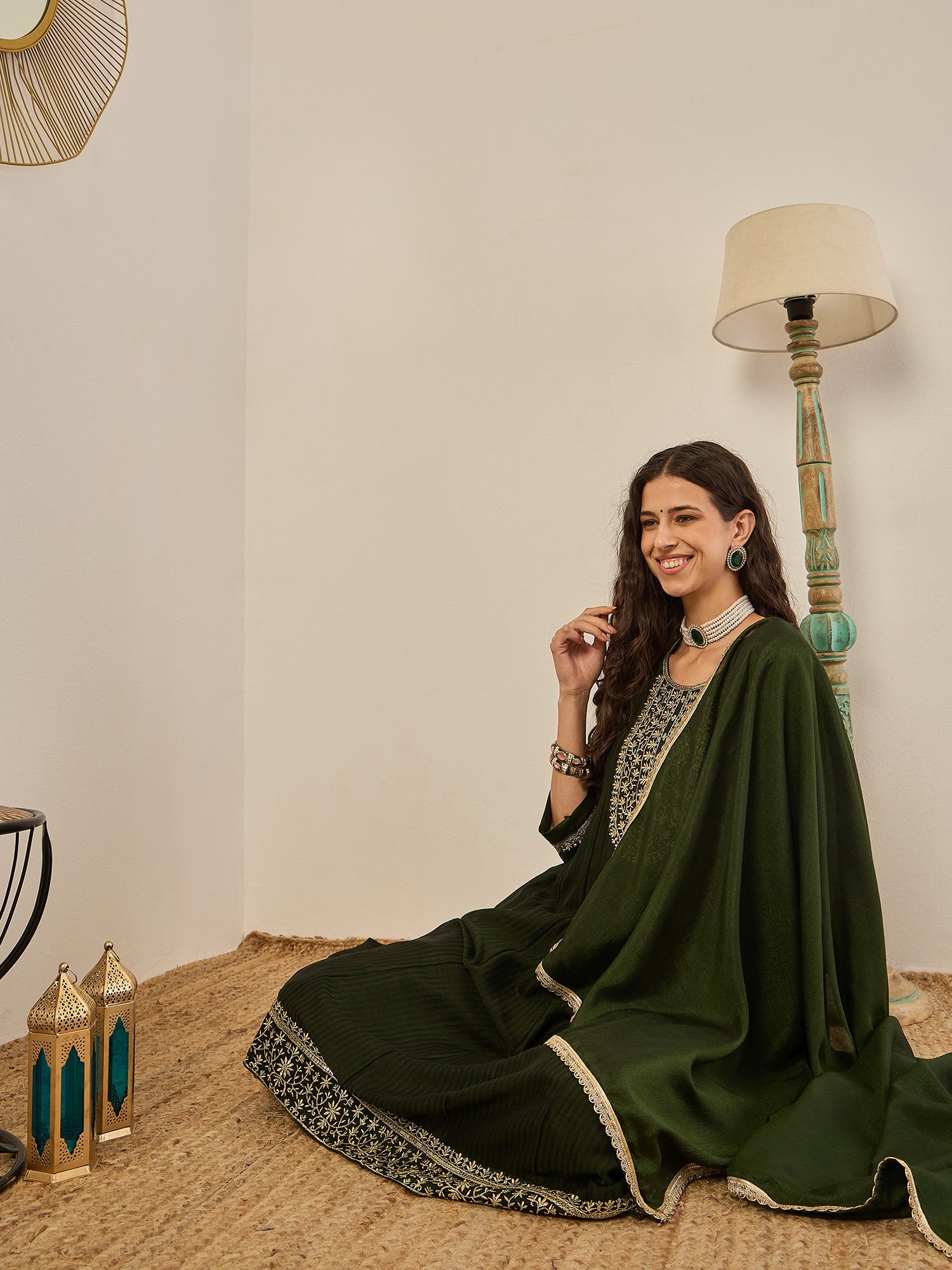 Shravya Green Embroidered Silk Blend Anarkali Kurta Pant With Dupatta Set