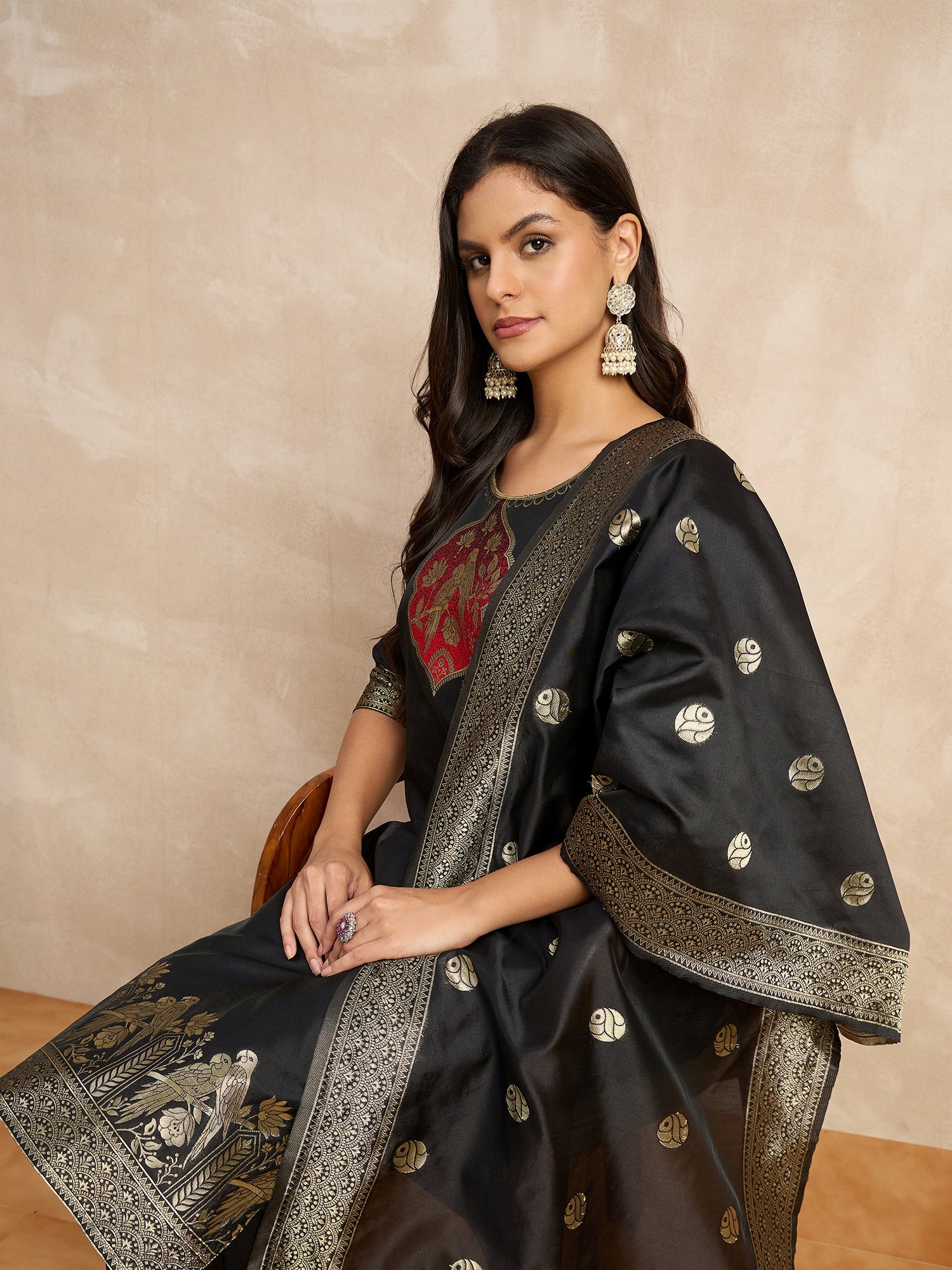 Payal Women's Silk Blend Banarasi Jacquard Zari Woven Straight Kurta Pant with Dupatta Set