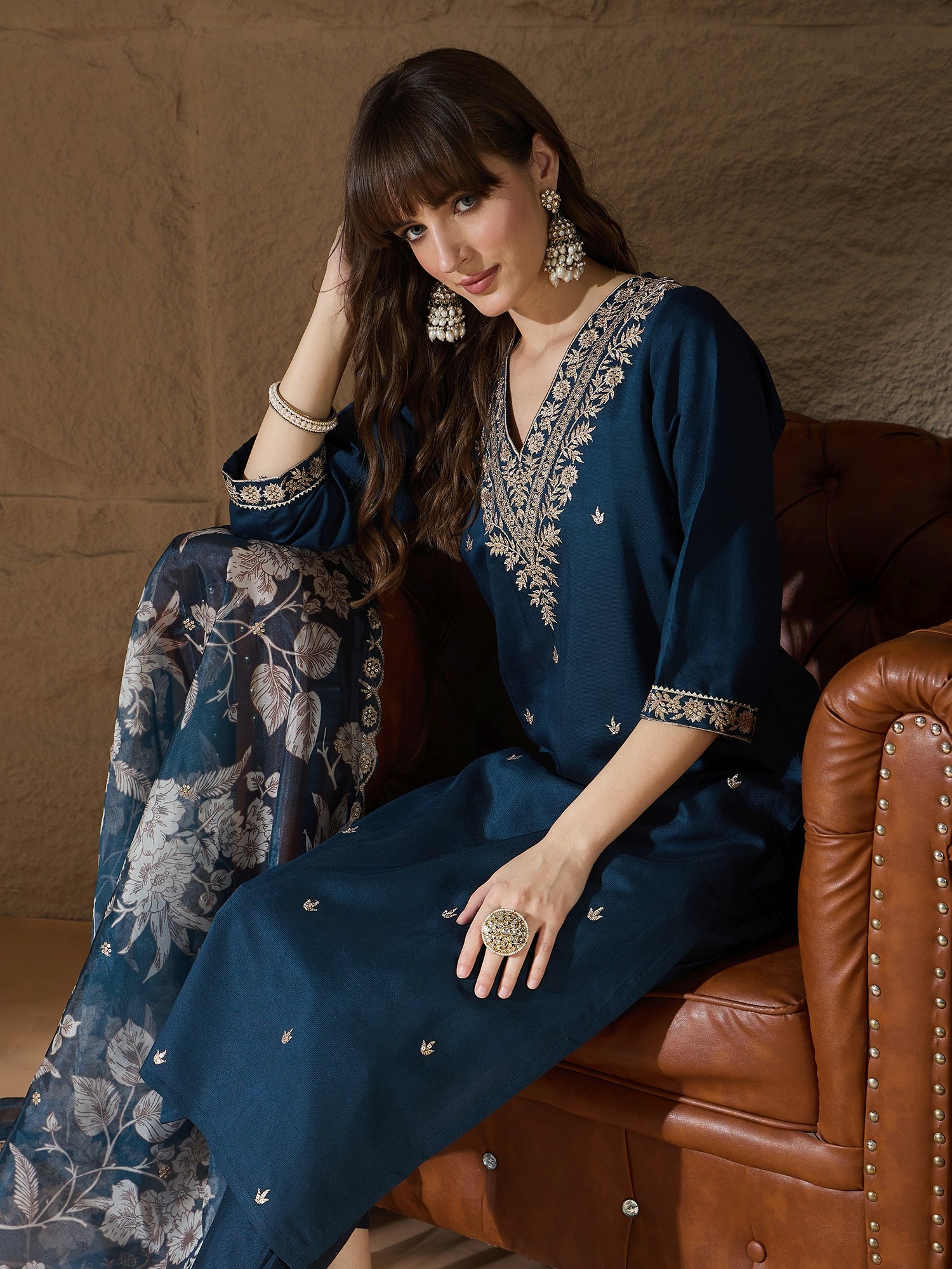 Manu Charm Teal Yoke Design Silk Blend Straight Suit With Dupatta
