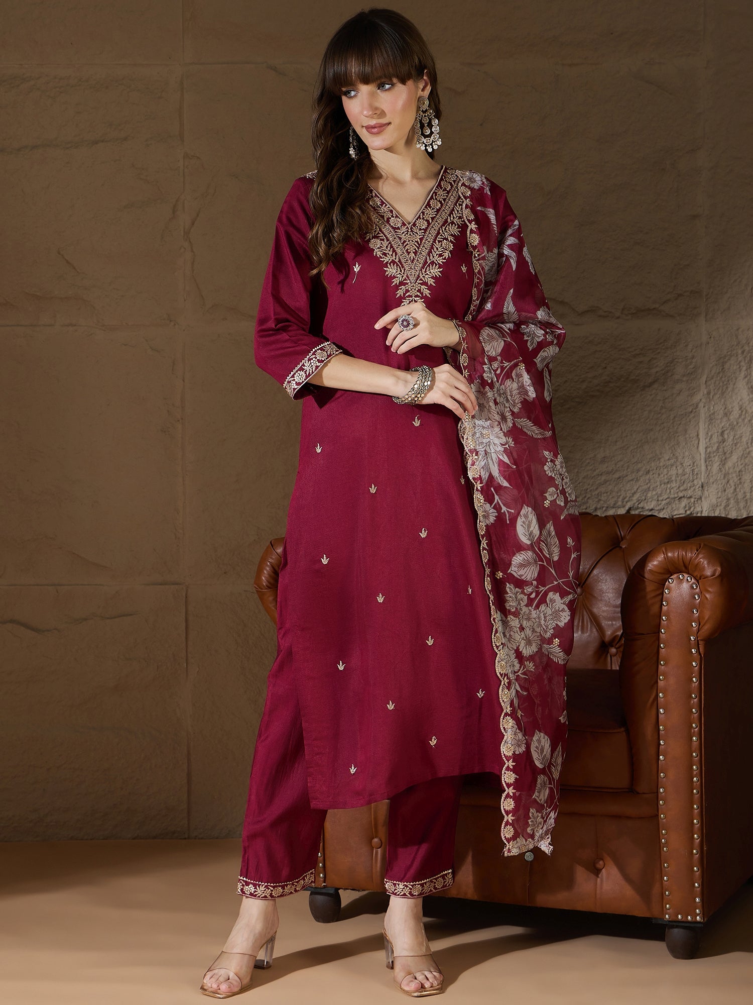 Tejasvi Charm Maroon Yoke Design Silk Blend Straight Suit With Dupatta