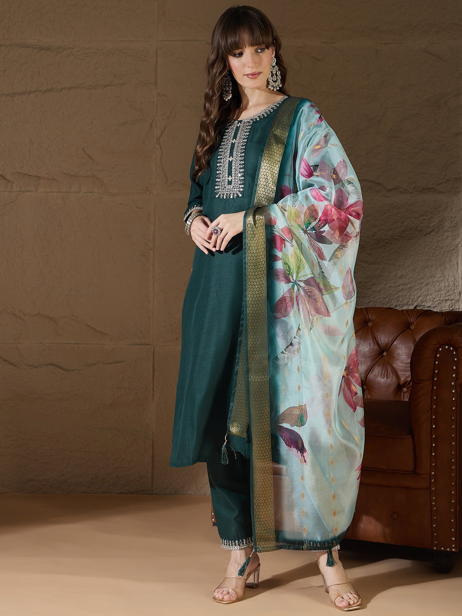 Haimavati Green Women Kurta and Trousers Pant Sets Cotton Blend