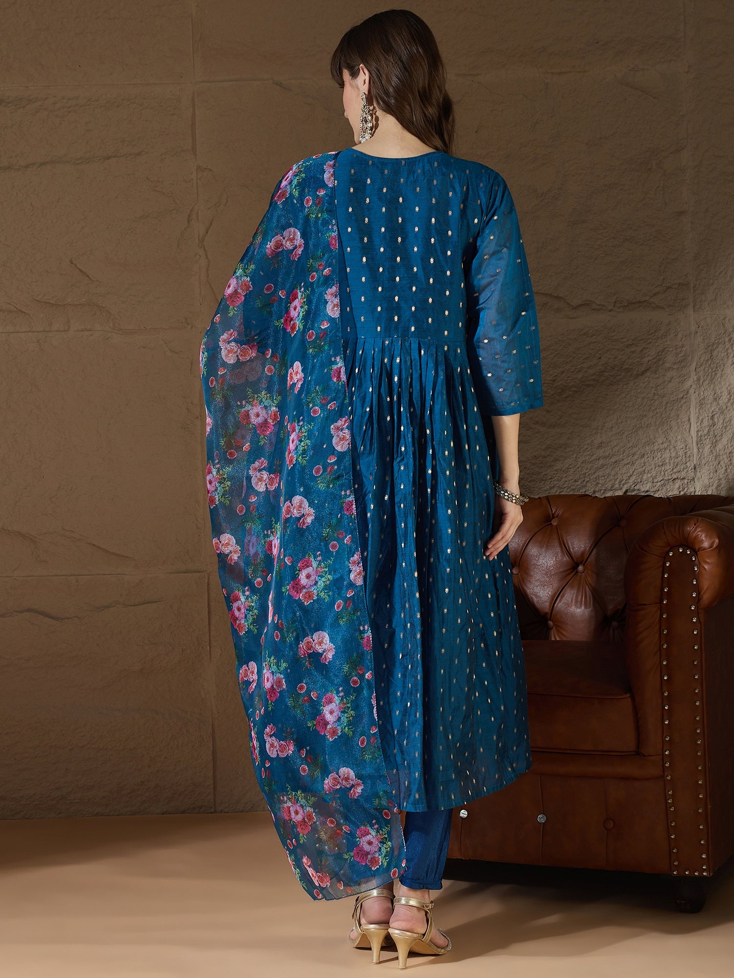 Yashvi Teal Women Kurta and Leggings Duppata Set Chanderi Modal Butti