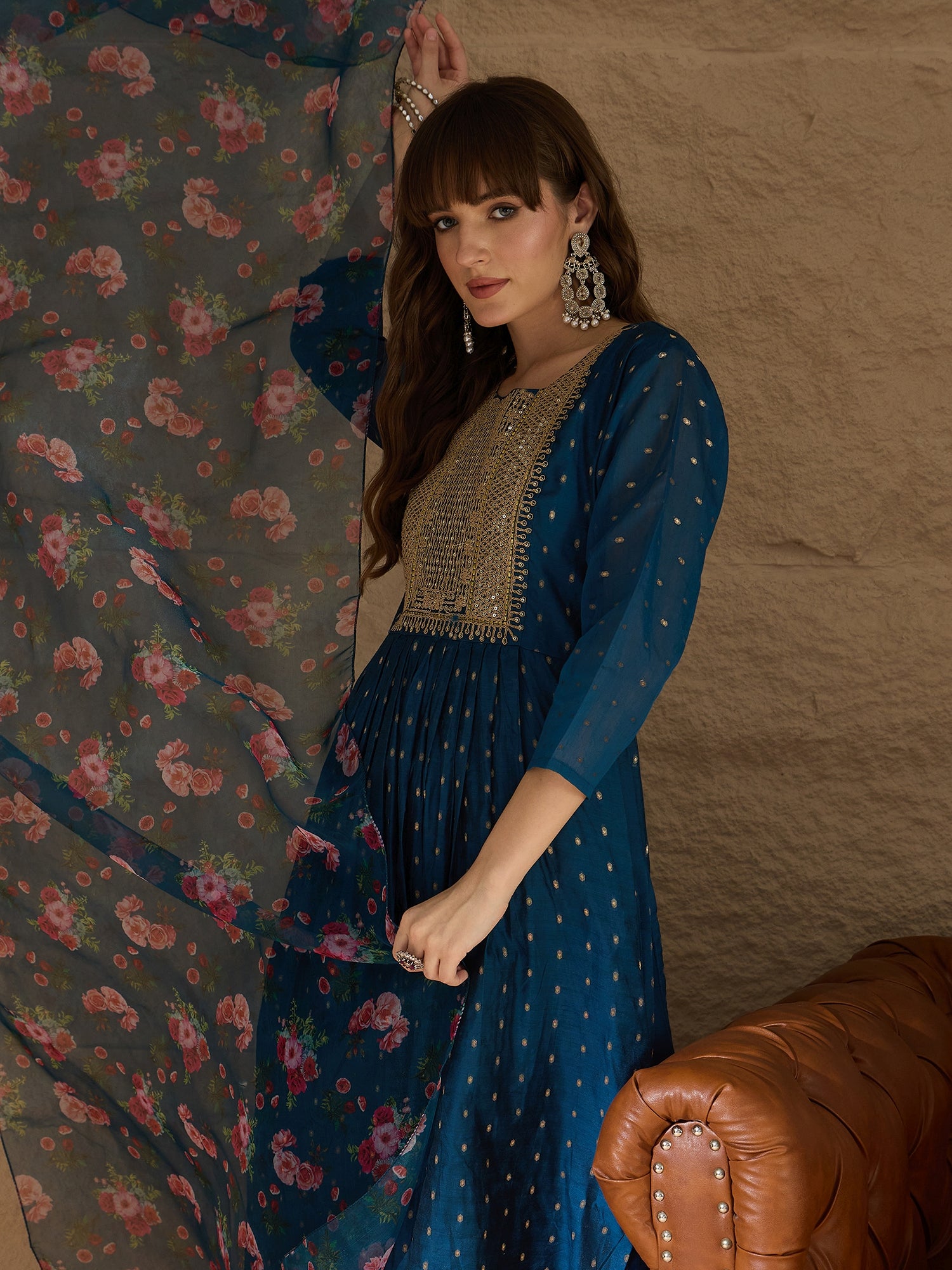 Yashvi Teal Women Kurta and Leggings Duppata Set Chanderi Modal Butti