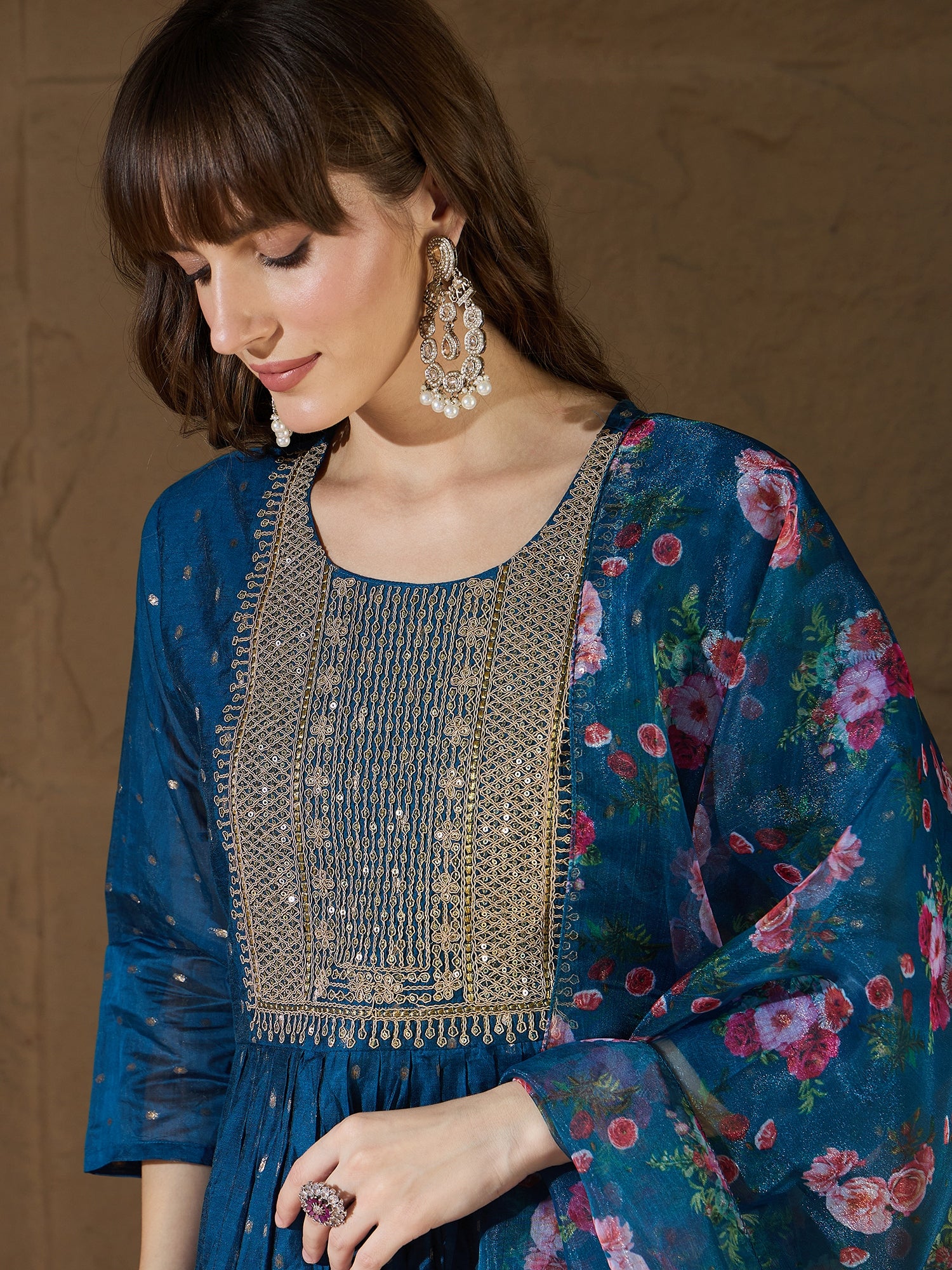 Yashvi Teal Women Kurta and Leggings Duppata Set Chanderi Modal Butti