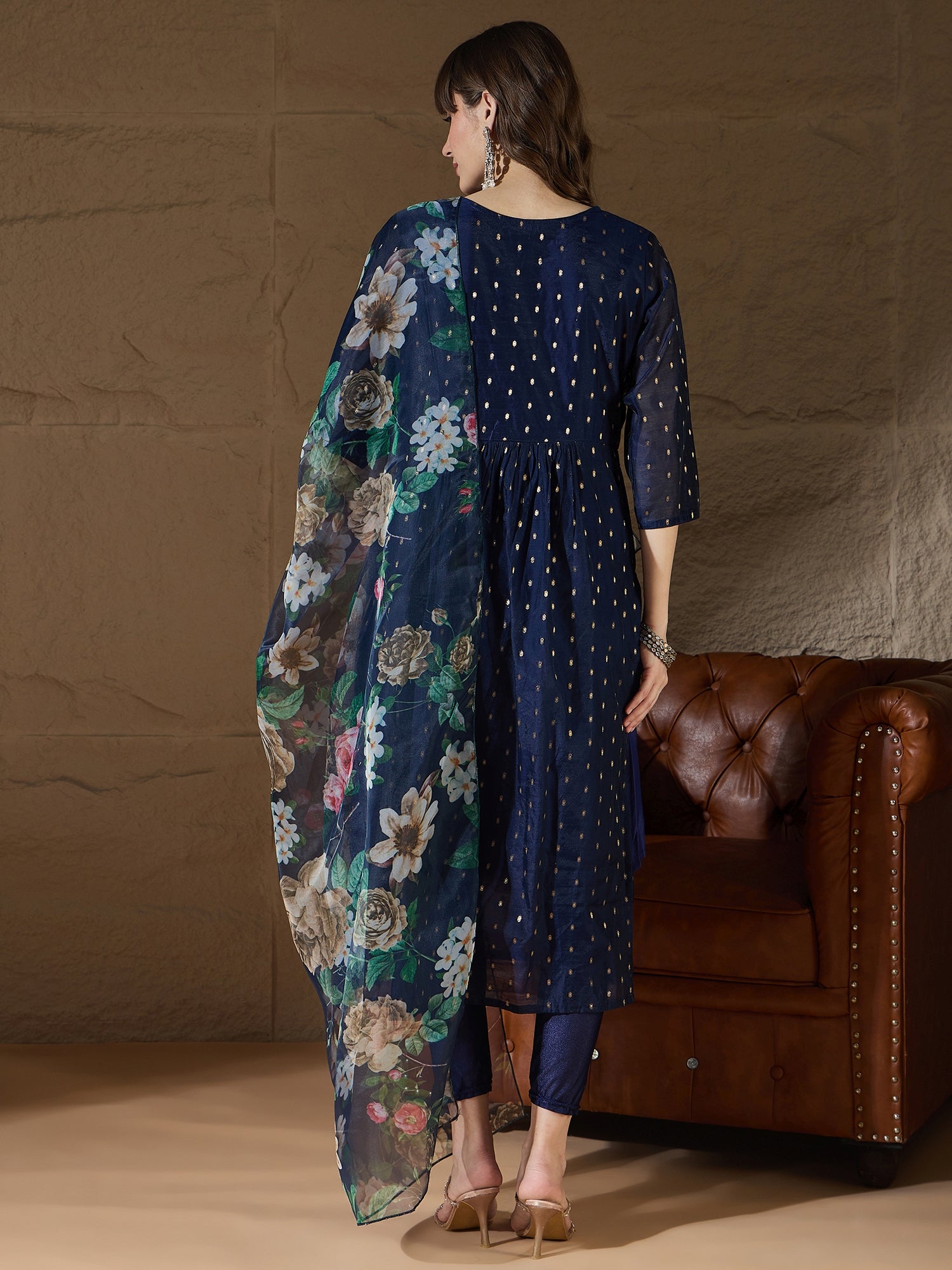 Neelangi Blue Women Kurta and Leggings Duppata Set Chanderi Modal Butti