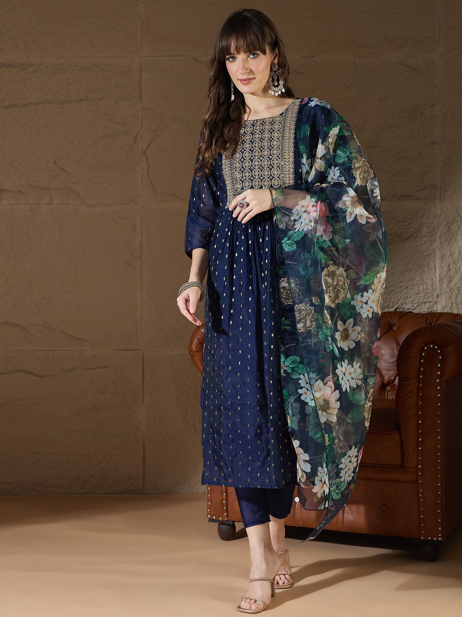 Neelangi Blue Women Kurta and Leggings Duppata Set Chanderi Modal Butti