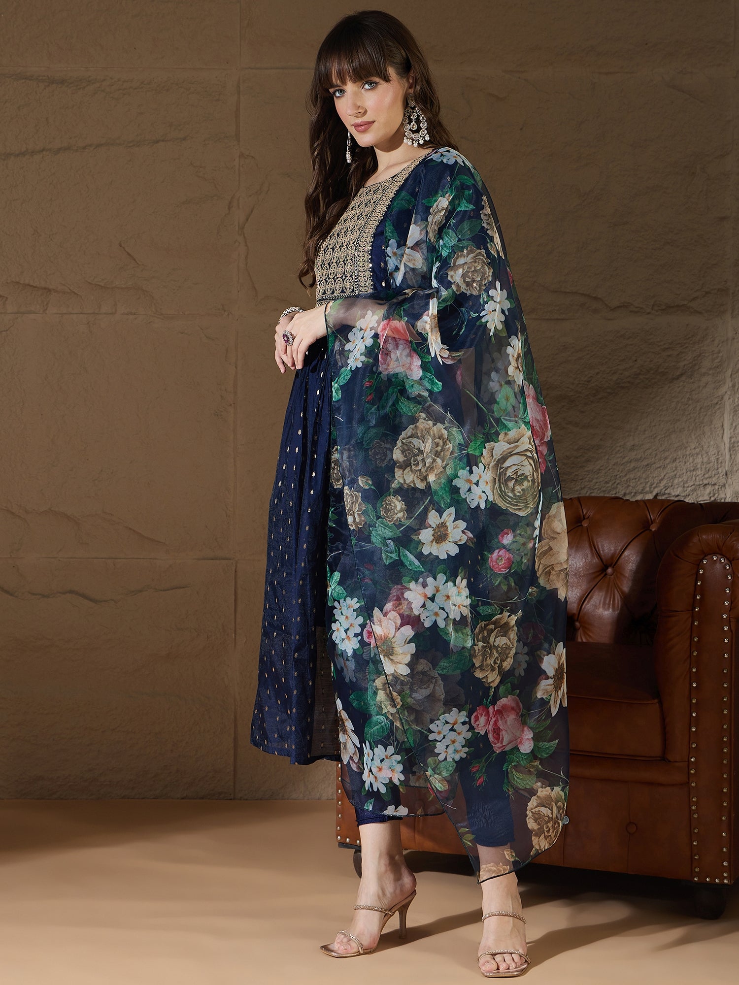 Neelangi Blue Women Kurta and Leggings Duppata Set Chanderi Modal Butti