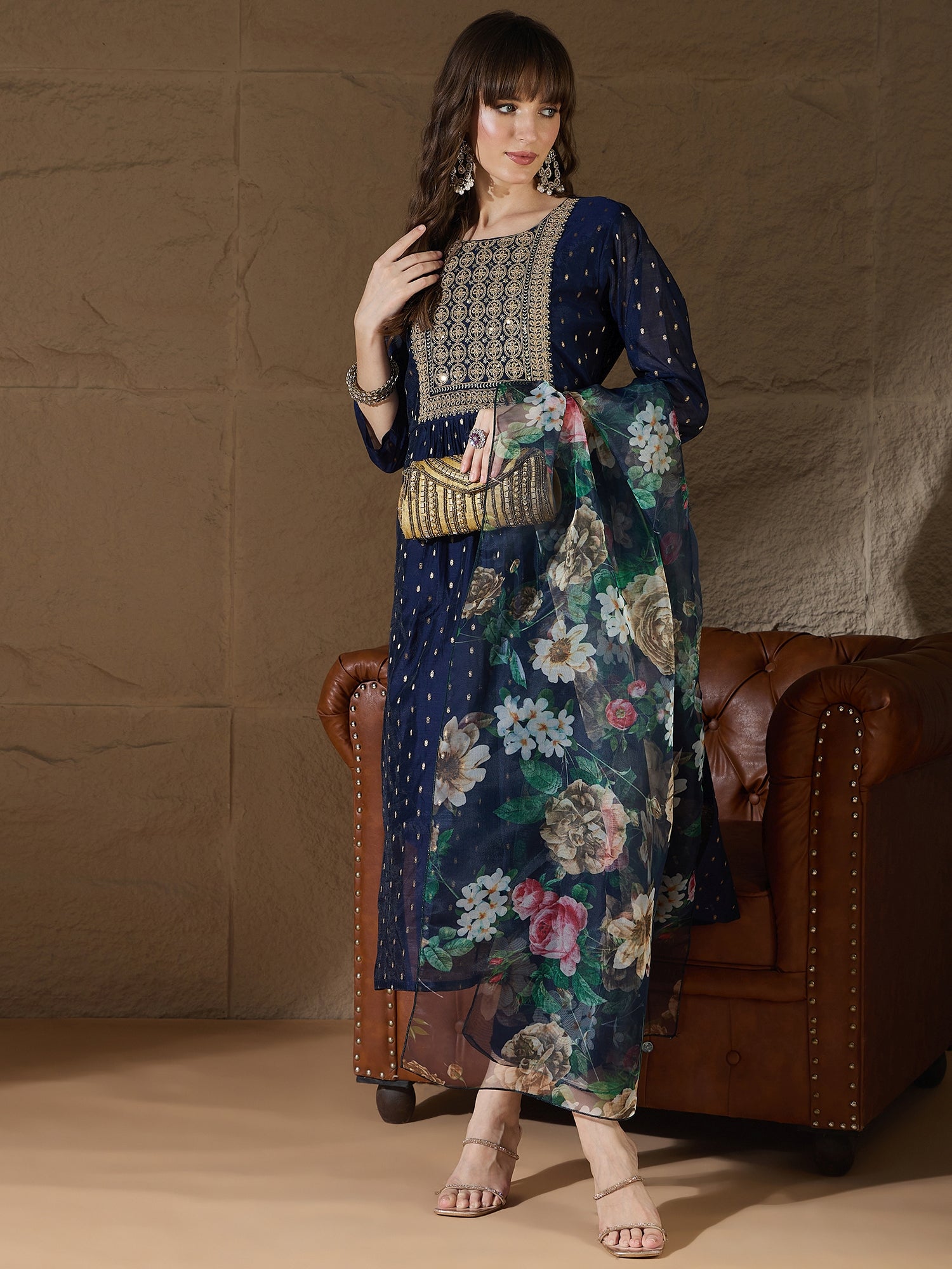Neelangi Blue Women Kurta and Leggings Duppata Set Chanderi Modal Butti