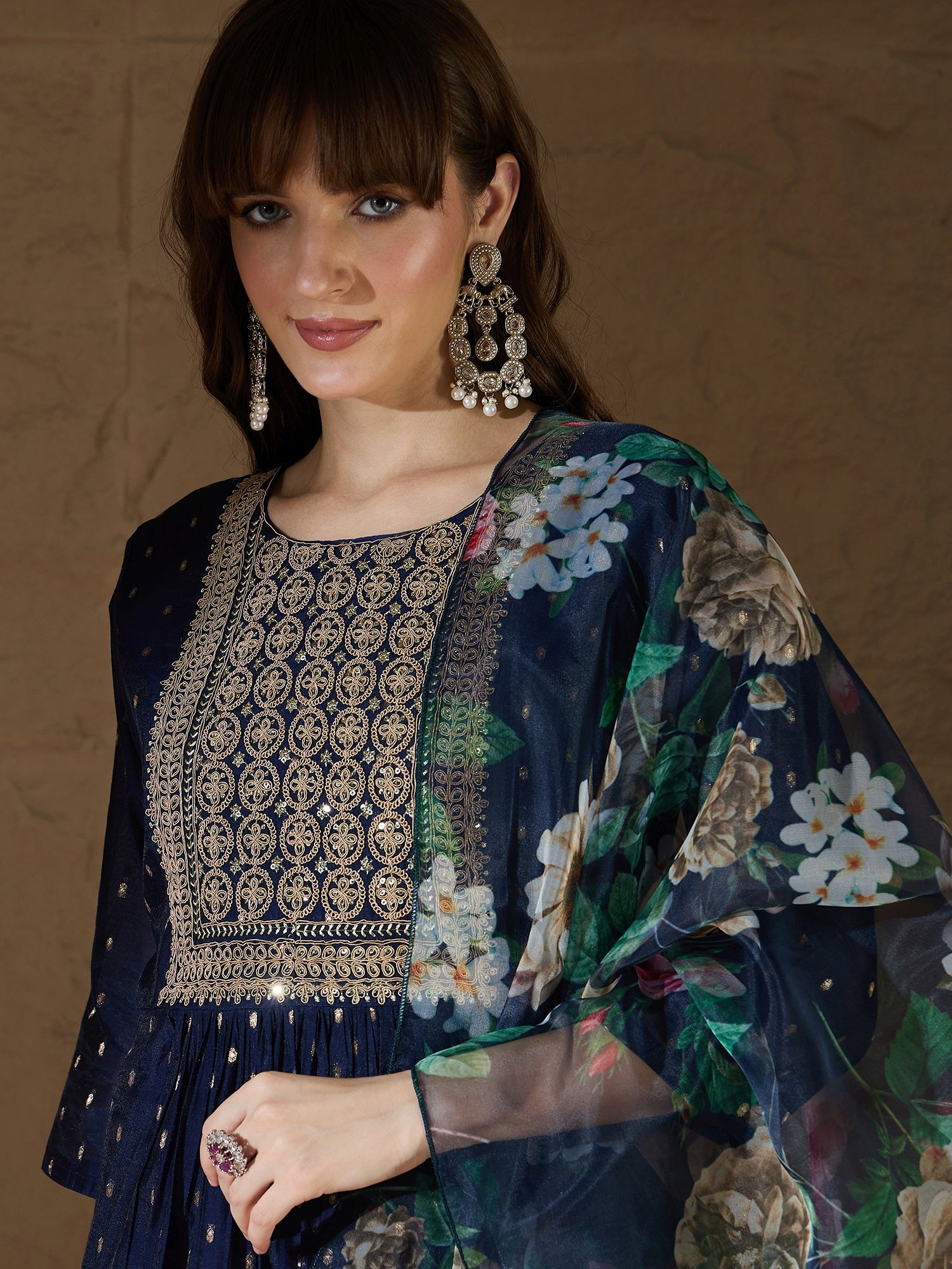 Neelangi Blue Women Kurta and Leggings Duppata Set Chanderi Modal Butti