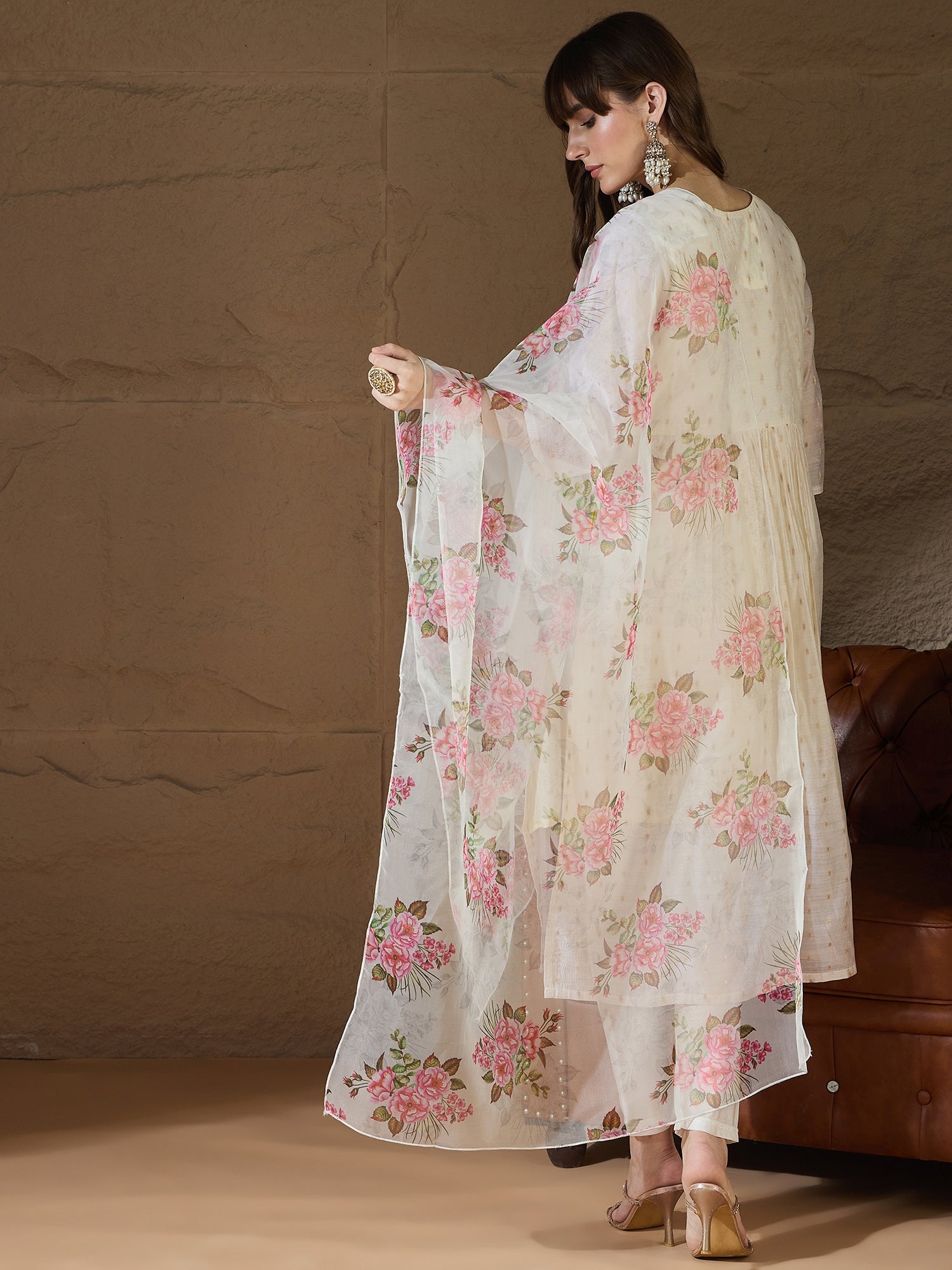 Neelangi Off white Women Kurta and Leggings Duppata Set Chanderi Modal Butti